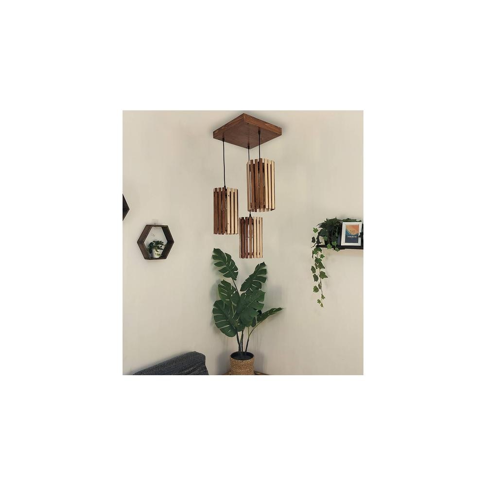Hexa Brown Solid Wood Cluster Hanging Light