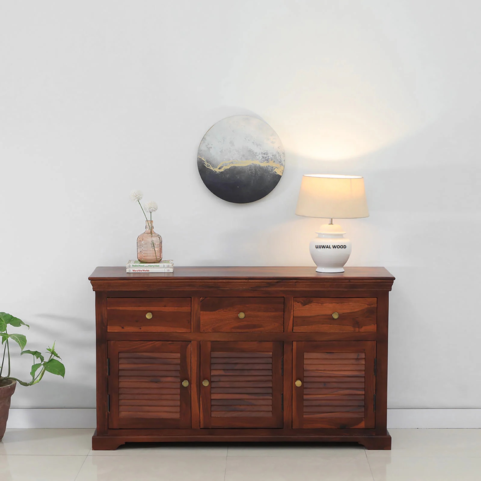 Sheesham Wood Sideboard In Scratch Resistant Honey Oak Finish - Ujjwal Wood