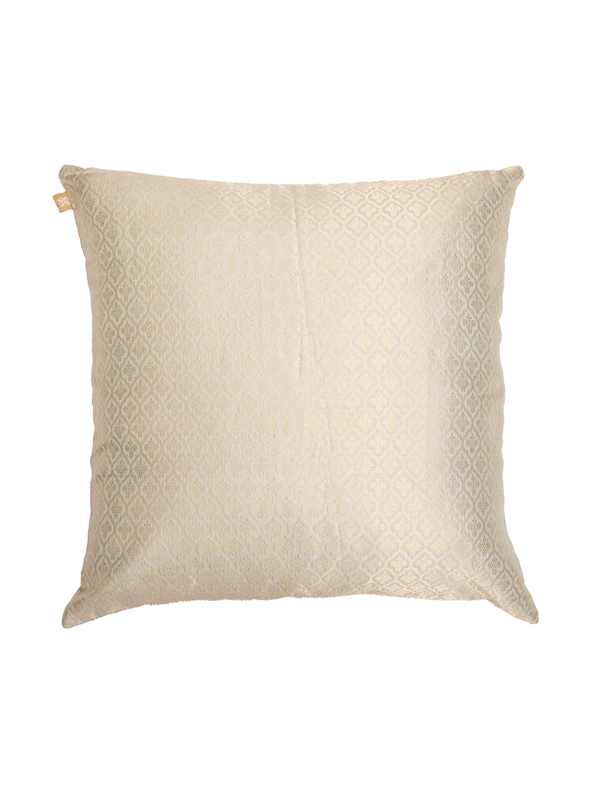 Awadh boota pista Banarasi handloom silk cushion cover with traditional woven motifs, front view