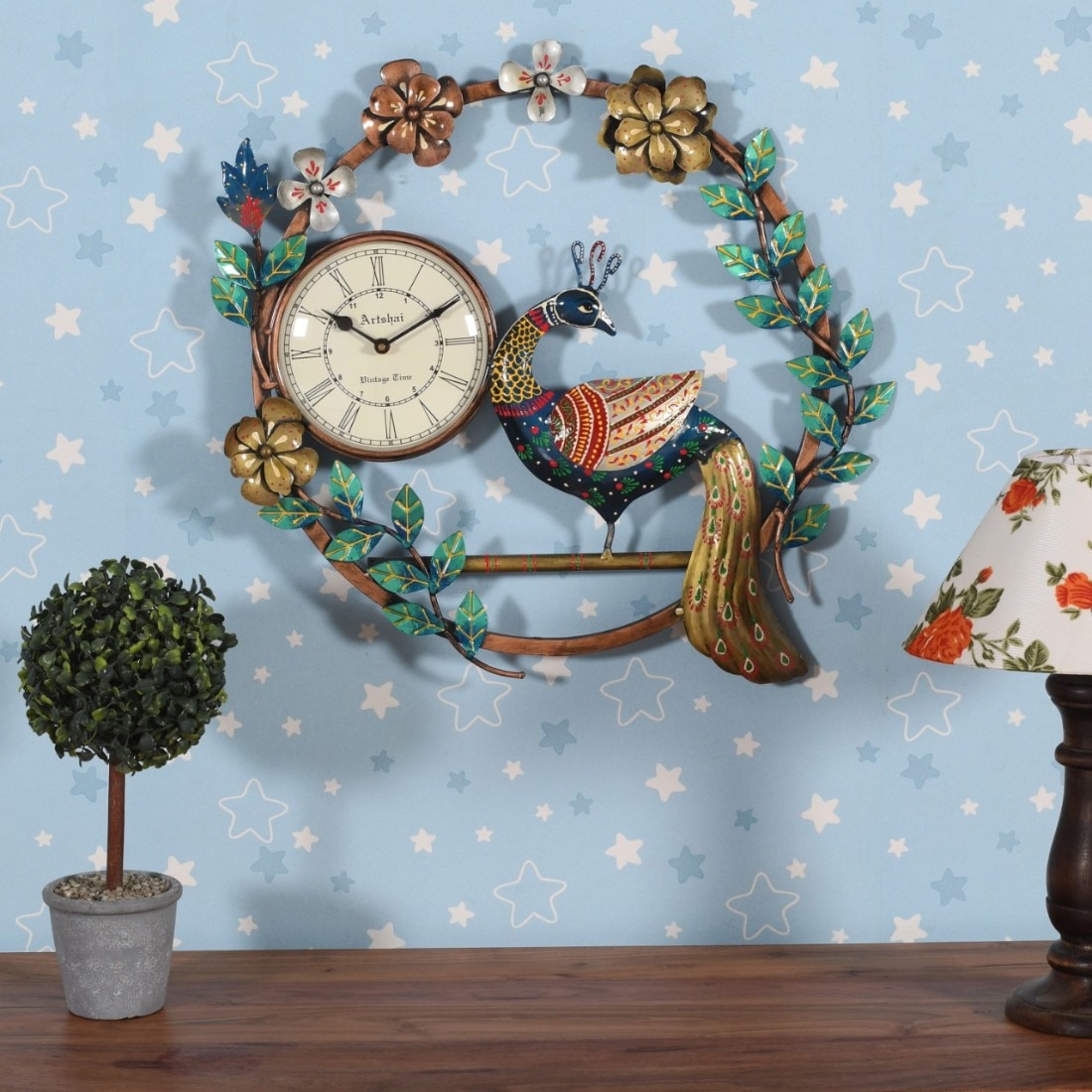 Metal Handpainted Decorative Peacock Wall Hanging Showpiece With Clock By Craft Tree