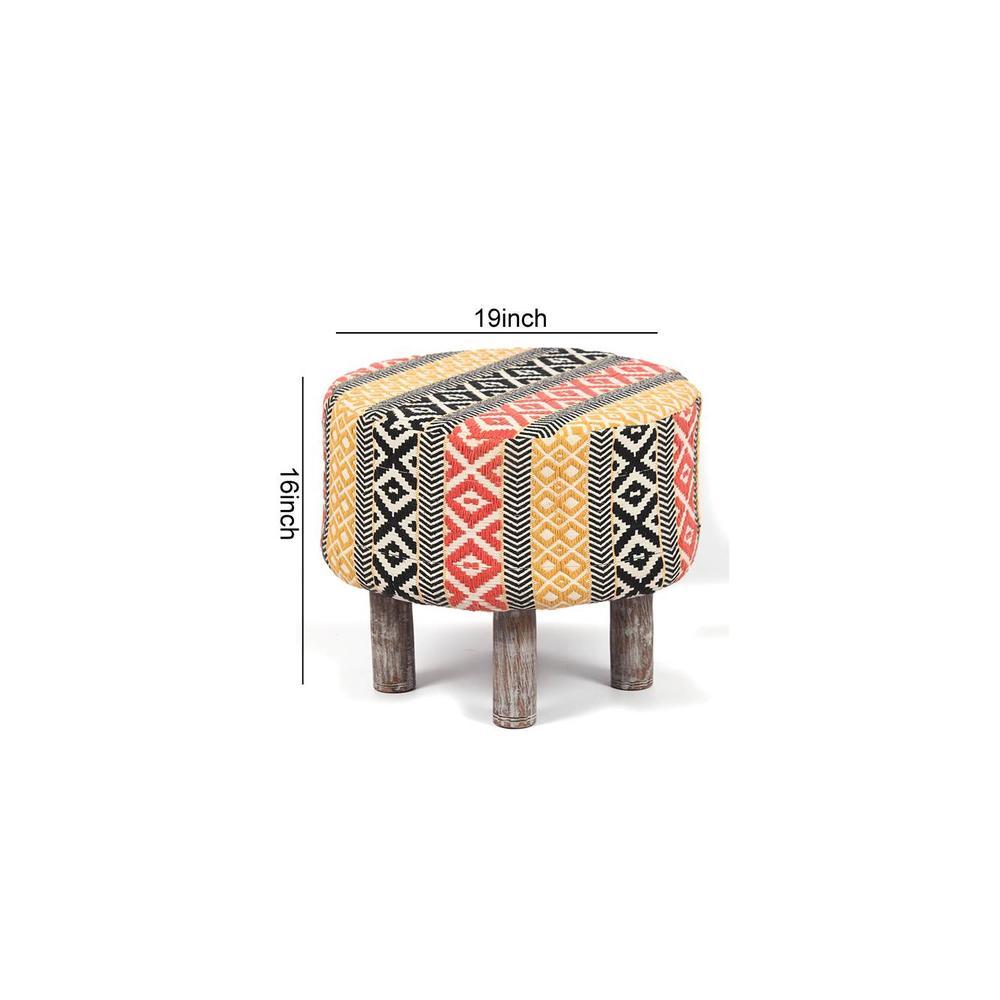 Collio Solid Wood Ottoman Pouffee in Stripe Multi Colour Jackard fabric