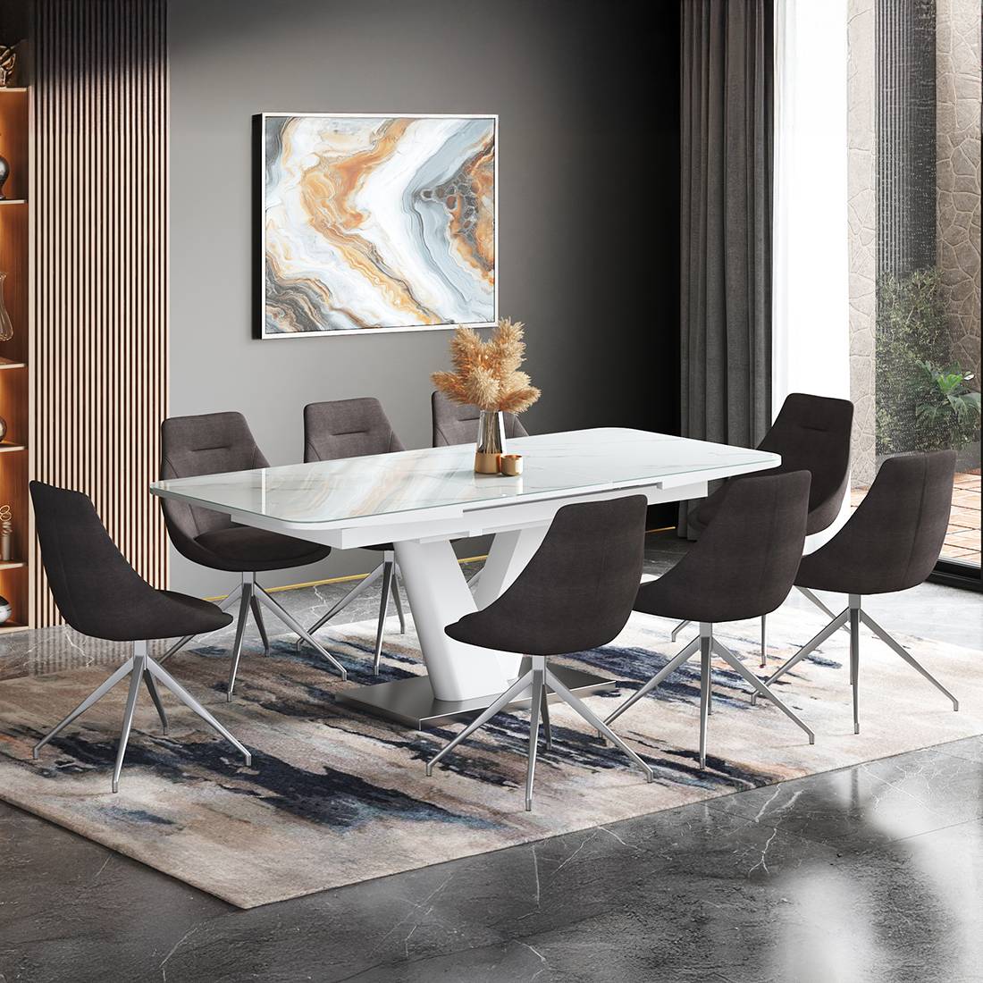 Caribu 6 To 8 Extendable Dining Table With Set Of 8 Doris Swivel Accent Chairs (Colour- Dark Grey, Finish- White High Gloss)