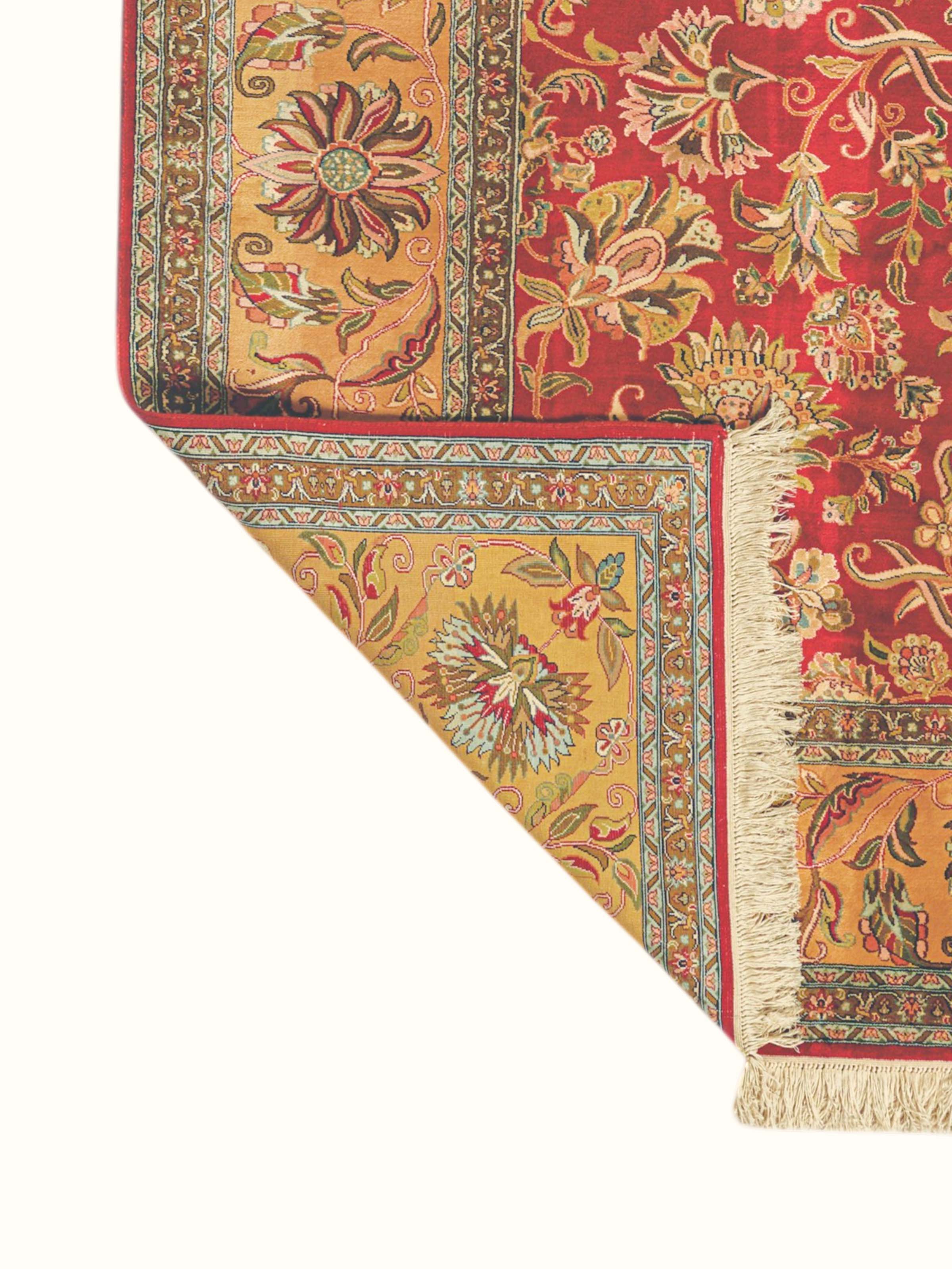 Traditional Persian Red Gold Kashan Kashmir Silk Hand-Knotted Carpet