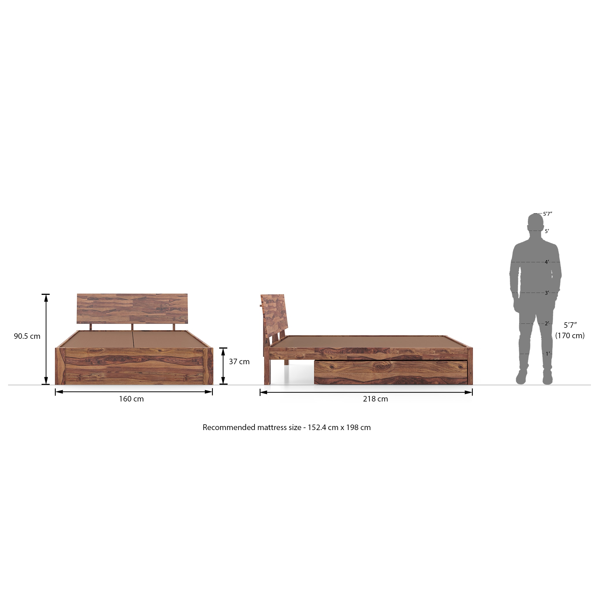 Boston Solid Wood Queen Size Drawer Storage Bed In Teak Finish