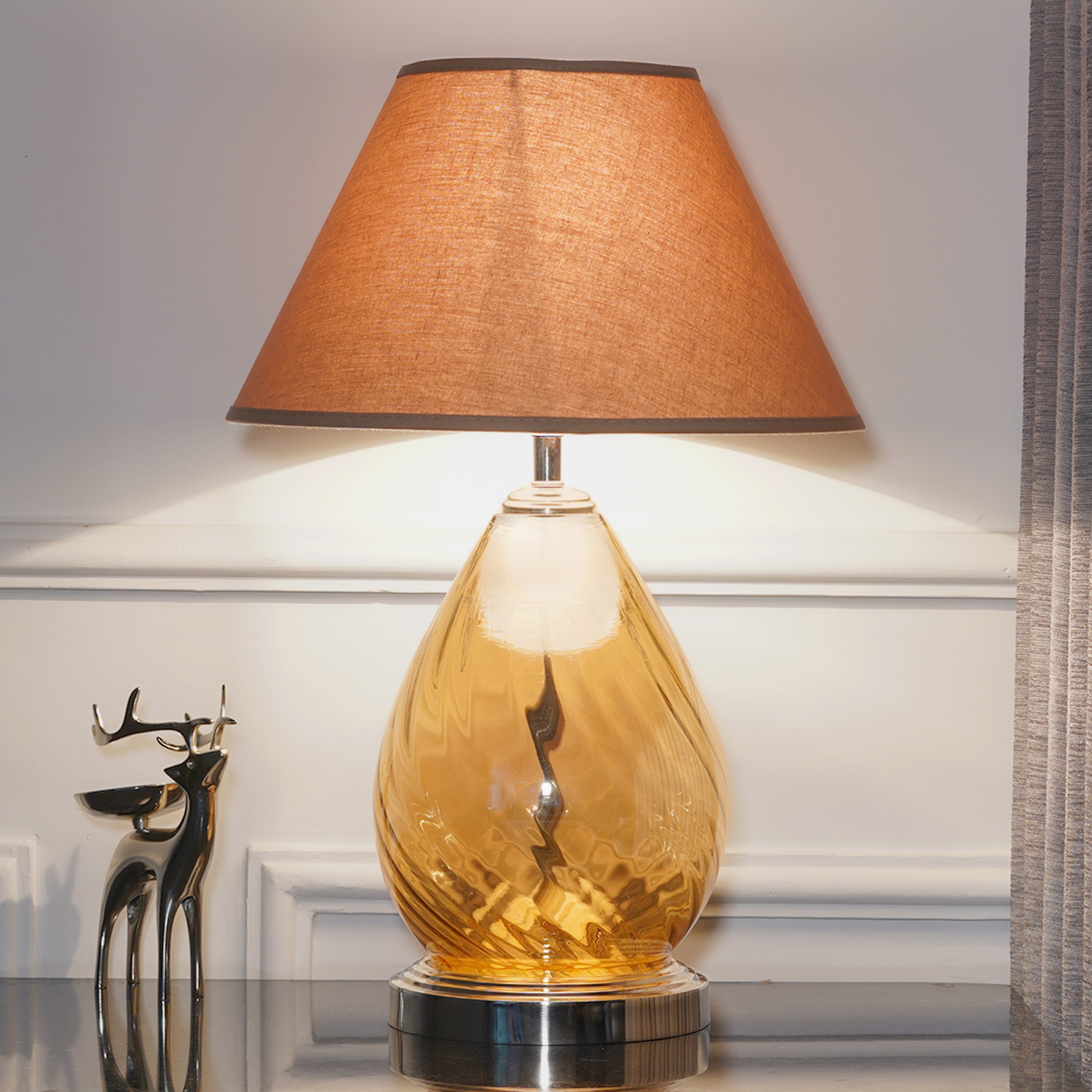 Decade Glass and Metal Table Lamp With Beige Cotton Shade - Kapoor Lamp Shades