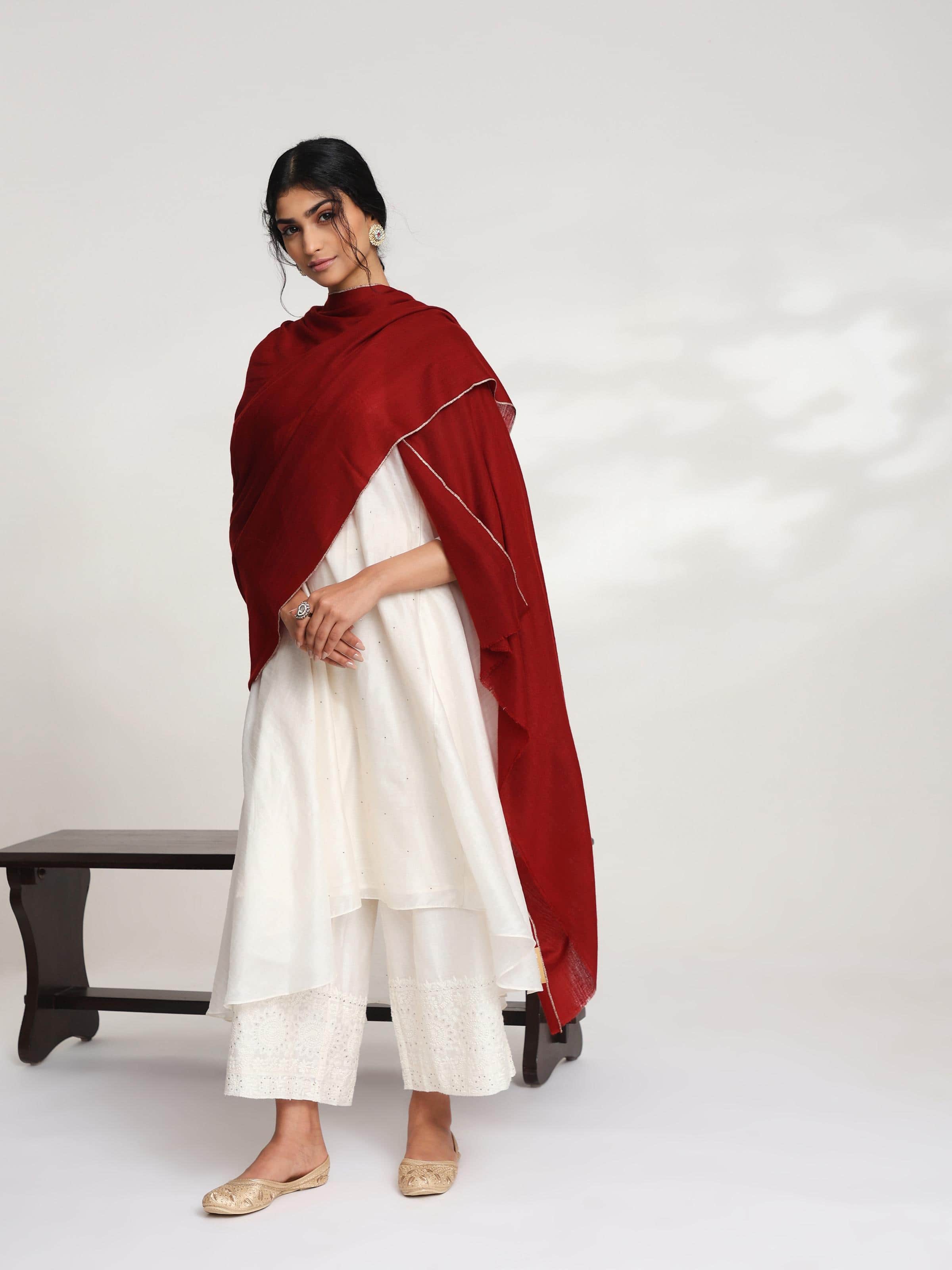 Maroon Cashmere Kaaj Embroidered Handwoven Stole