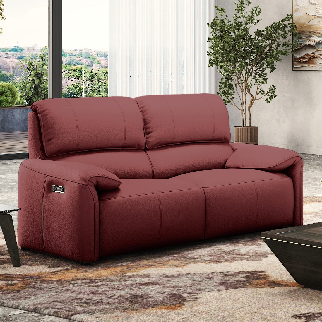 Leeroy Leather Two Seater Motorized Recliner in Red Dahlia Colour