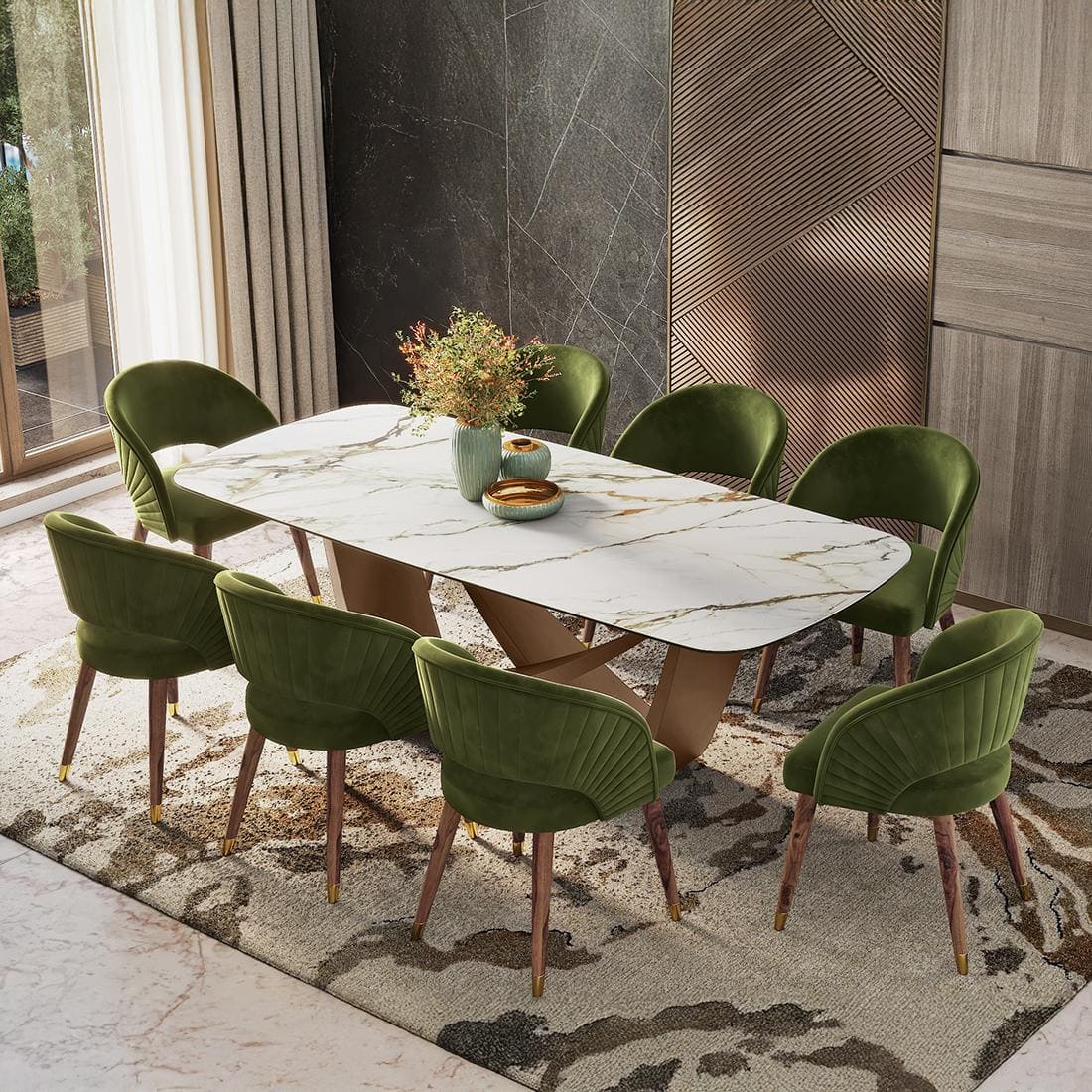 Paloma Celia 8 Seater Dining Set (Pluto Spanish Ceramic Finish, Deep Olive Velvet Colour)