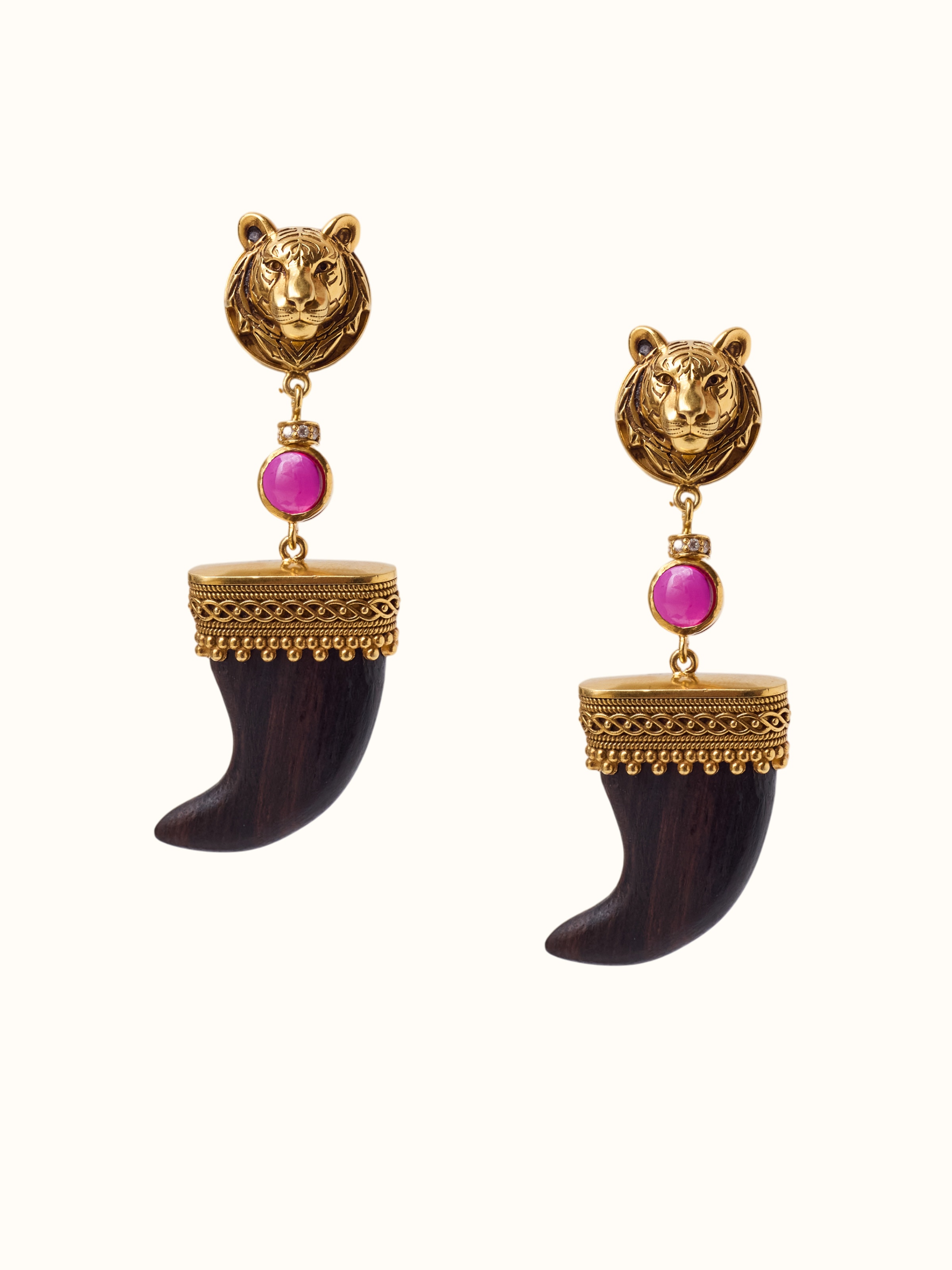 Carved Wood & Silver Drop Earrings