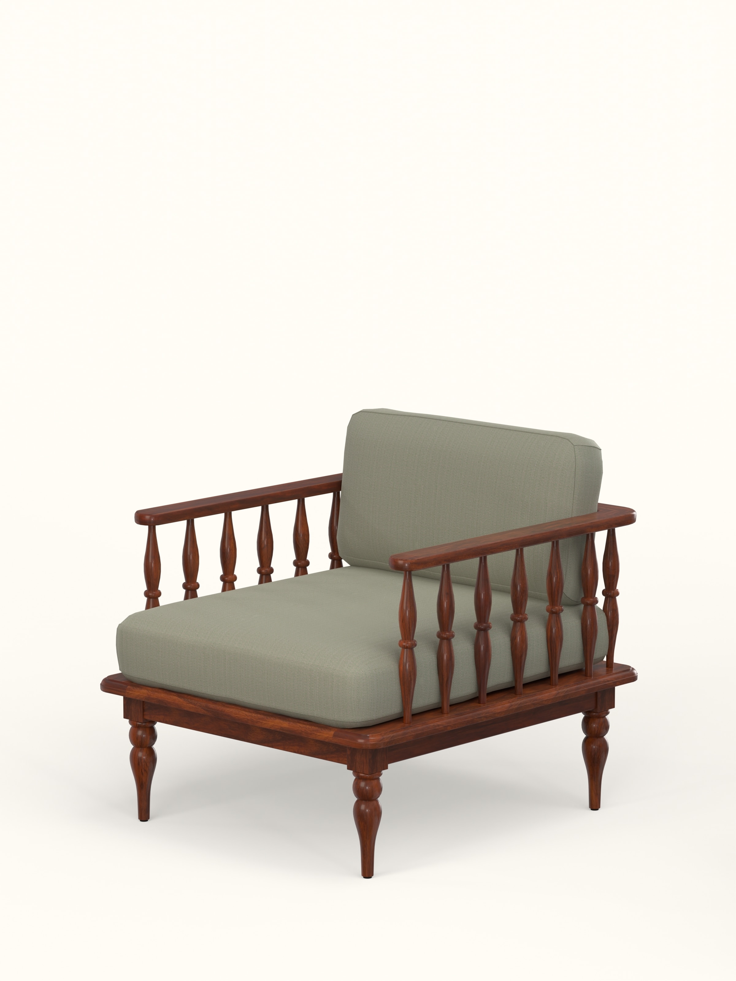 Side view of the green chevron fabric upholstered Sheesham wood 1-seater sofa, highlighting the armrest and overall structure