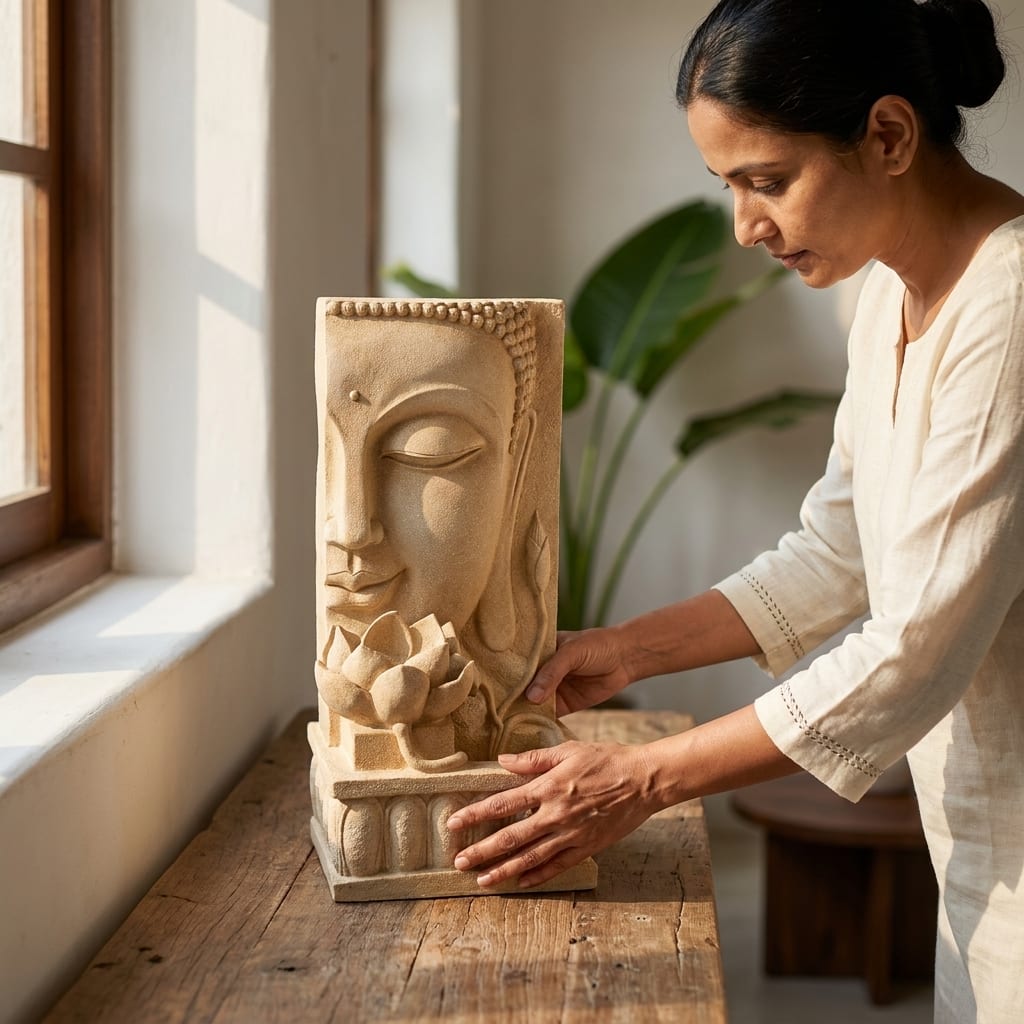 Water Fountain Lotus Buddha Serenity Water Fountain in Terracotta Colour - Vedas