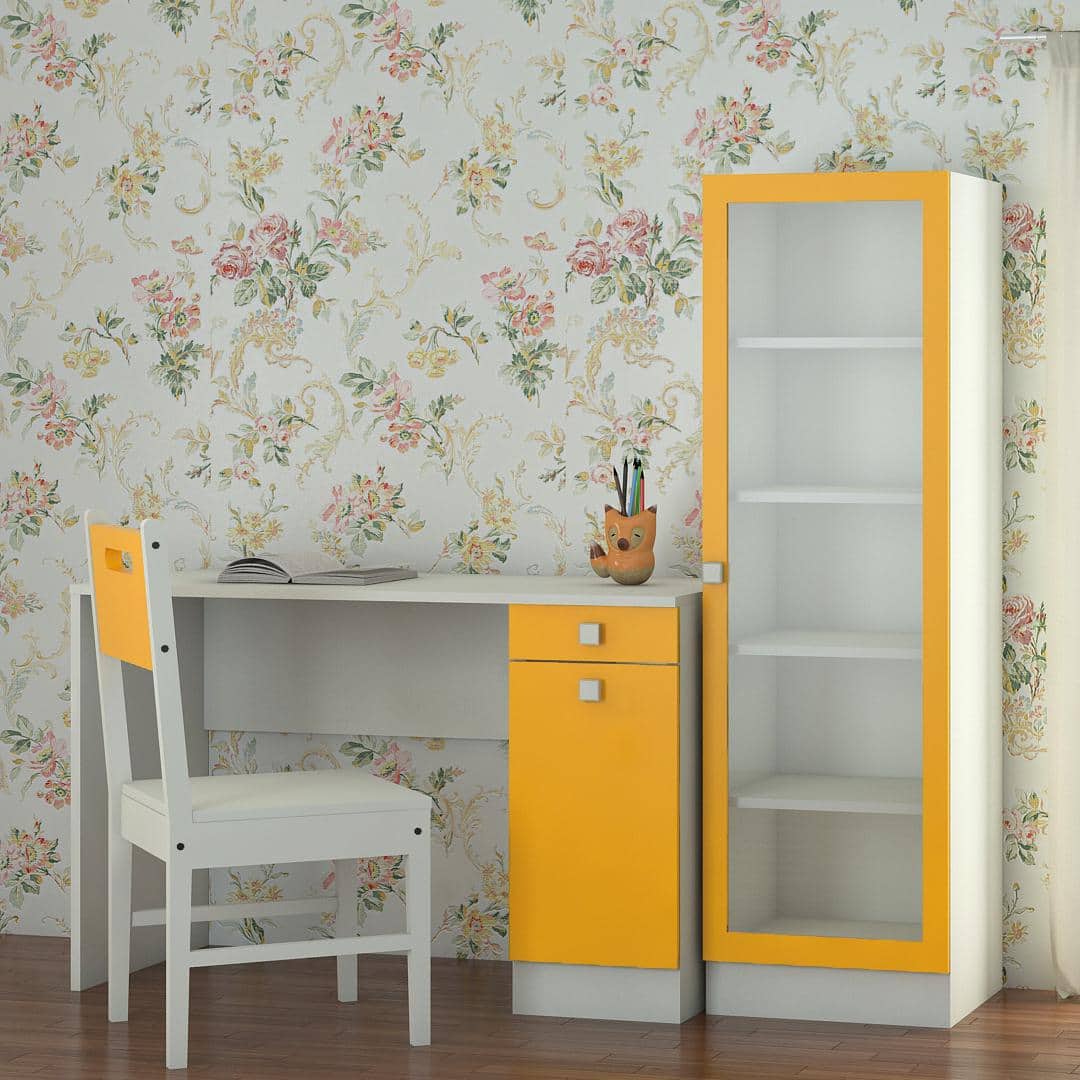 Celestia Kids Study Set with Desk Bookshelf and Wooden Chair in Mango Yellow Colour