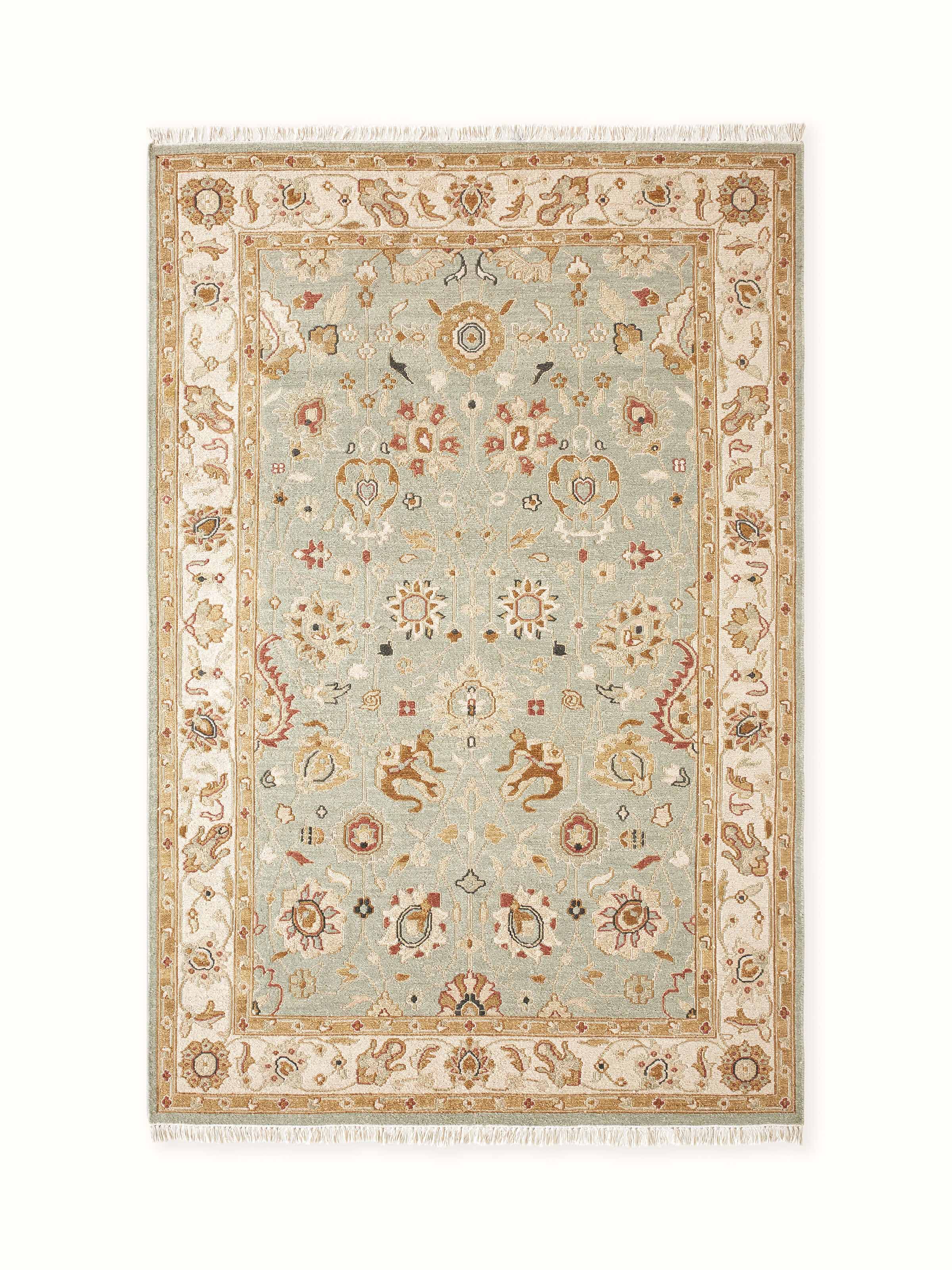 Front view highlighting the rich blue tones and intricate Persian Sumak design on wool hand-knotted rug