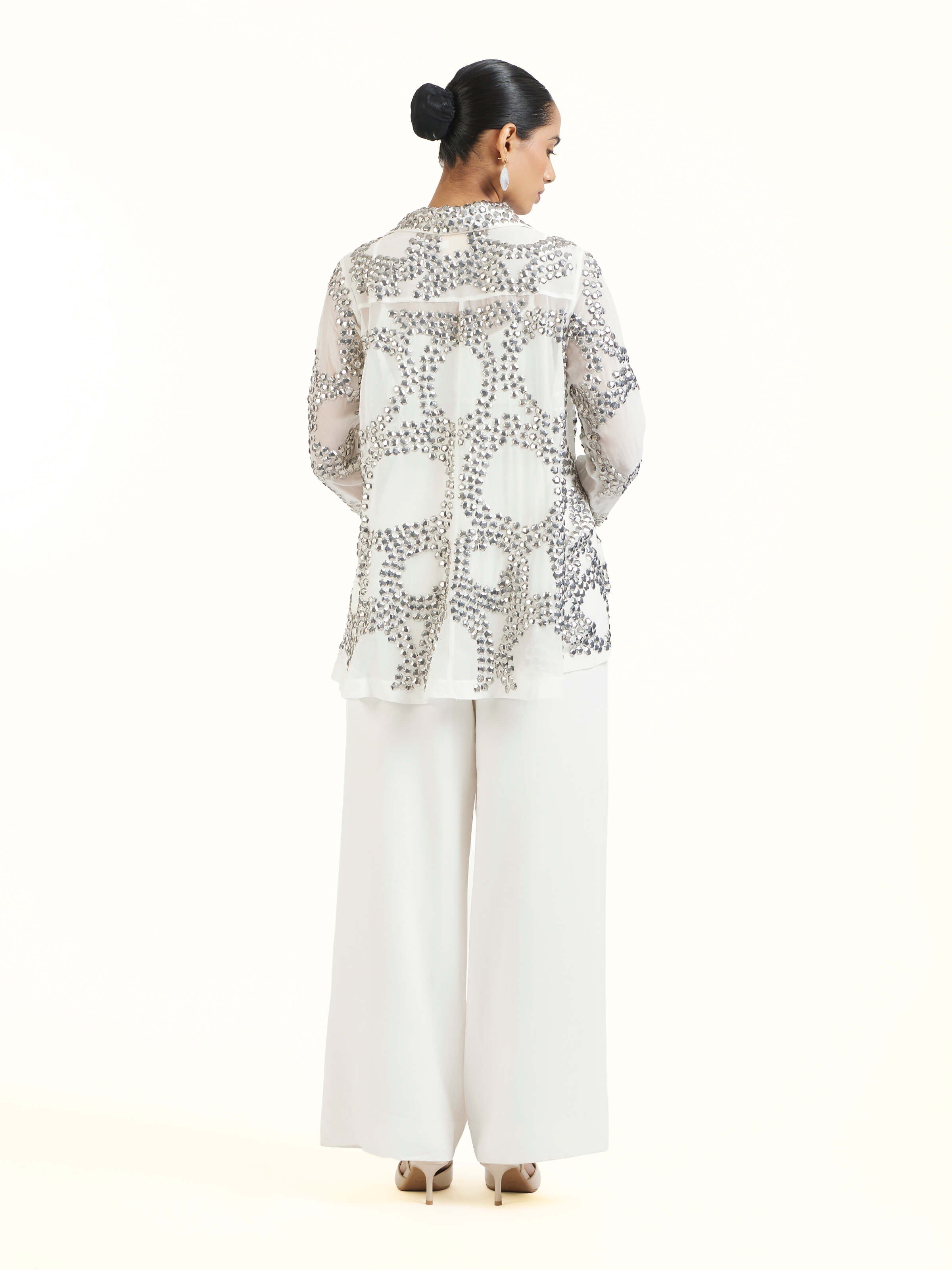 Back view of ivory hand embroidered organza silver shirt with full back design