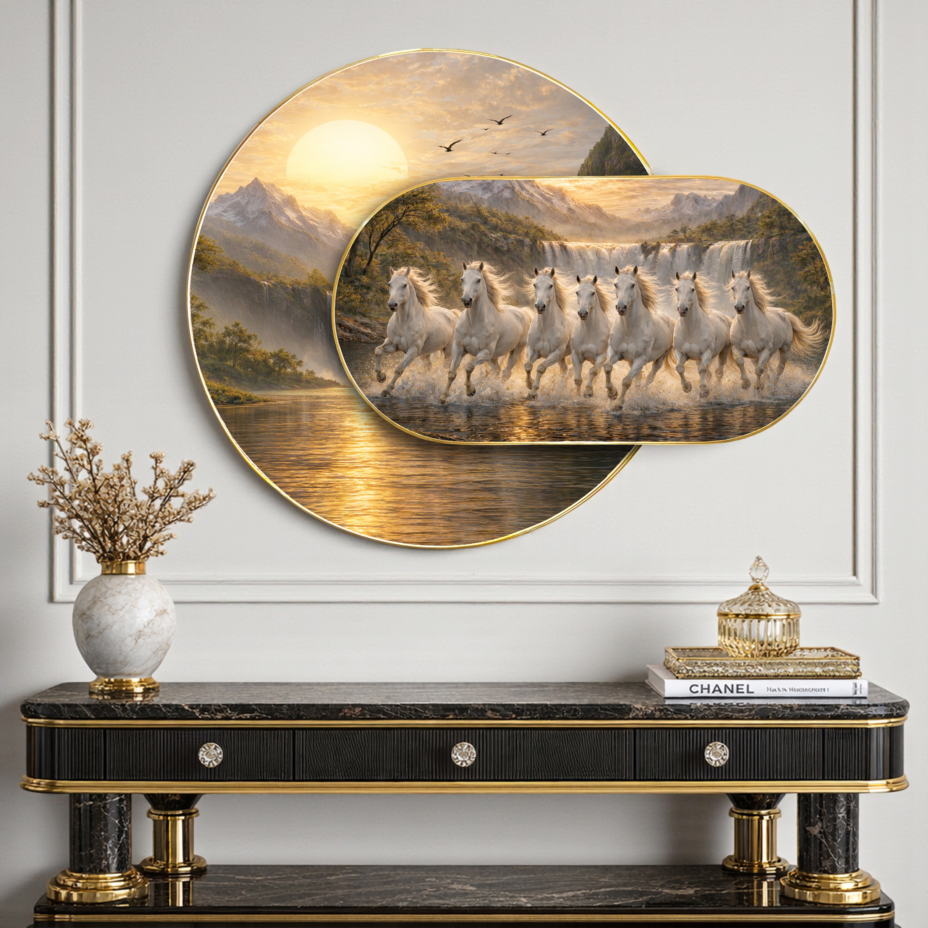 Seven White Running Horses Framed Wall Painting for Living Room 56 x 82 cm - Art Street