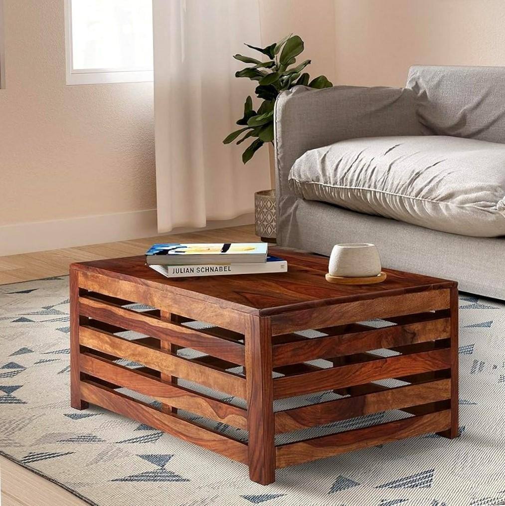 Erickson Sheesham Wood Contemporary Rectangle Coffee Table In Natural Teak Finish
