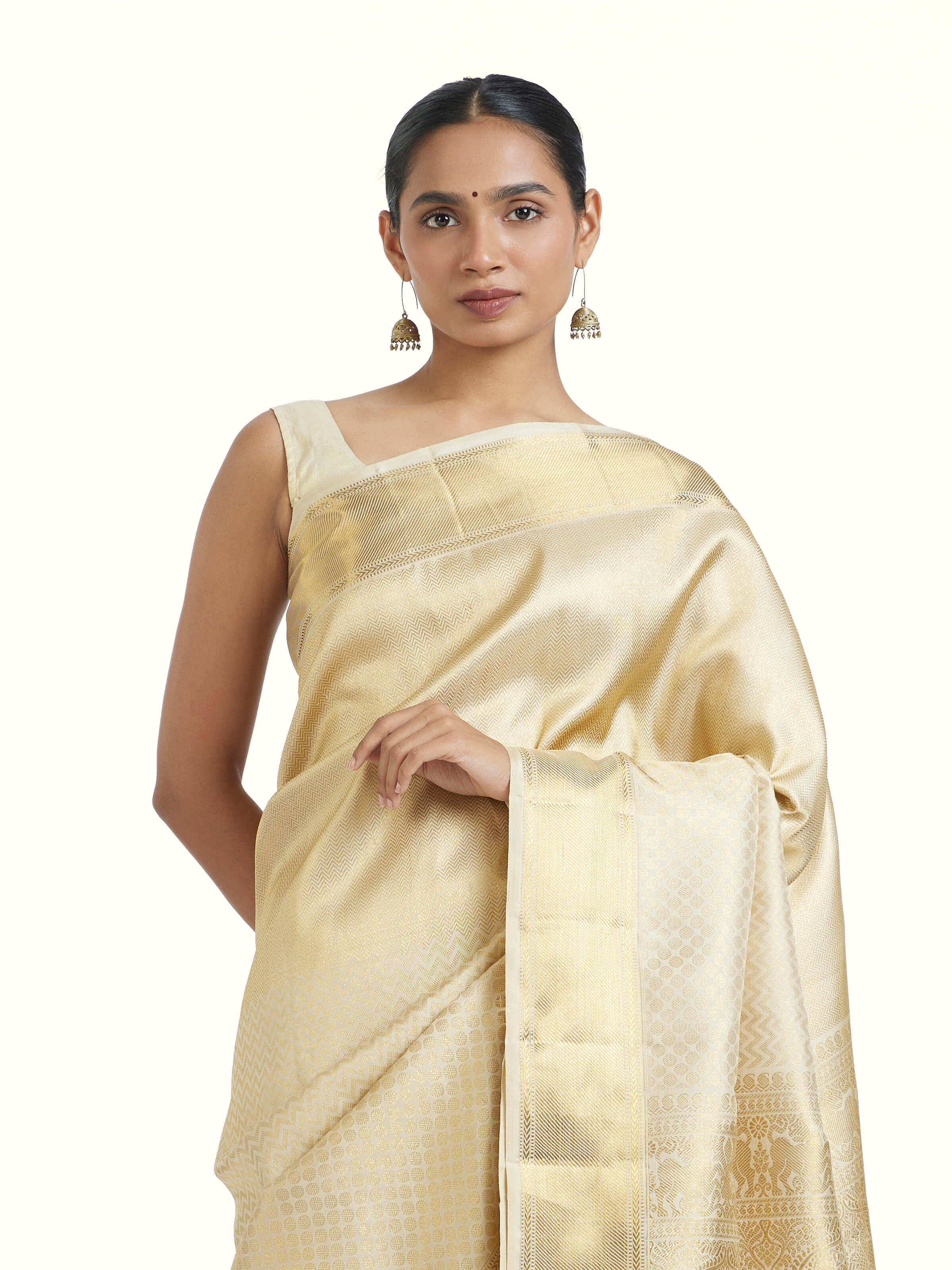 Beige Kancheepuram Silk Zari Saree