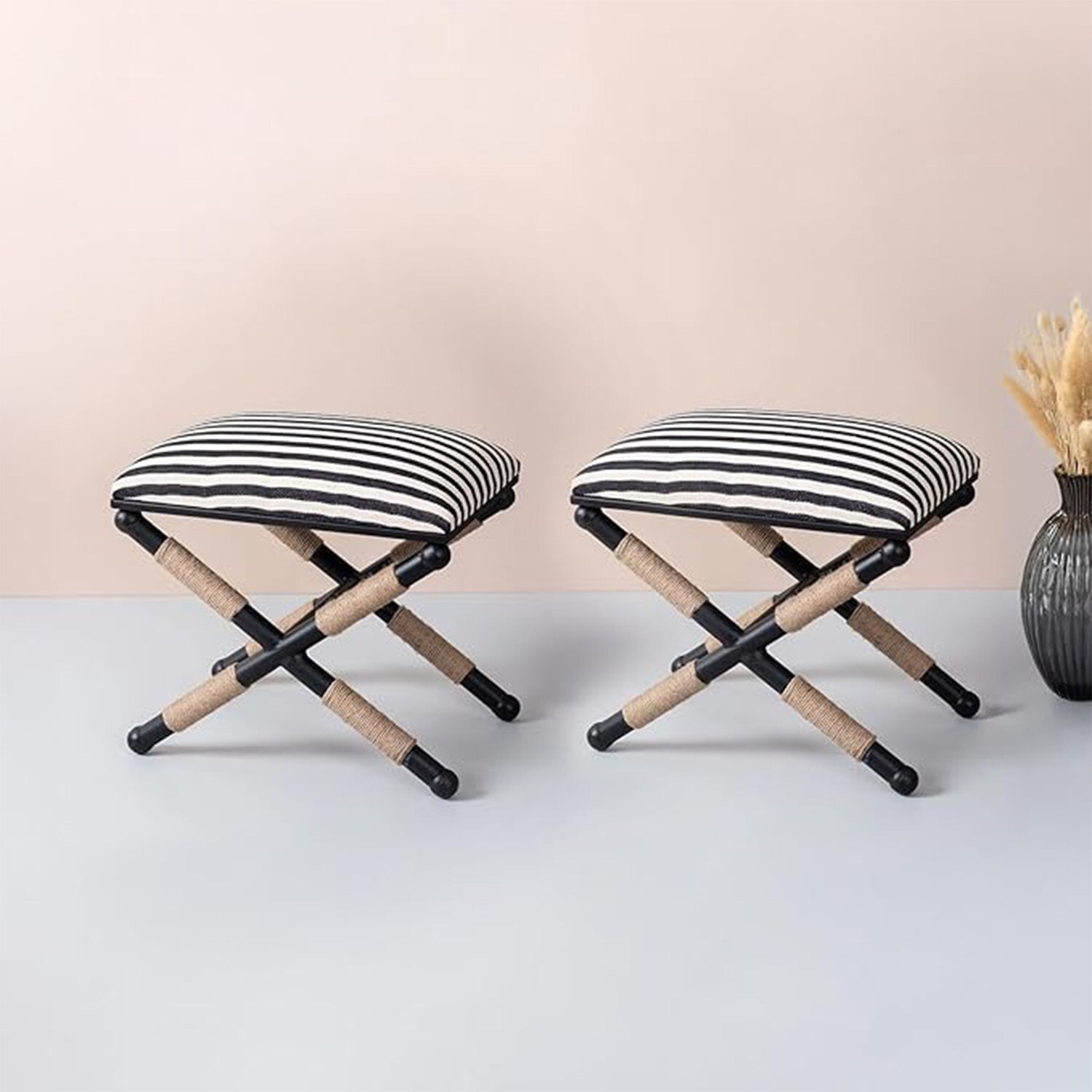 Zebra Fabric Jute Metallic Stool in Black & White Color Set of 2 - Nestroots