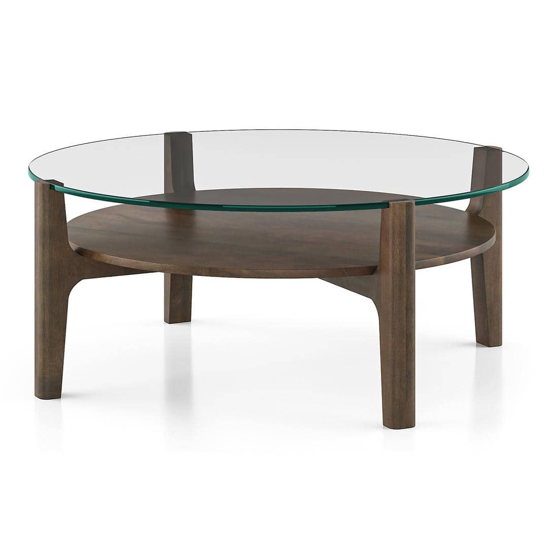 Cayman Round Glasstop Coffee Table with Storage in Danish Walnut Finish