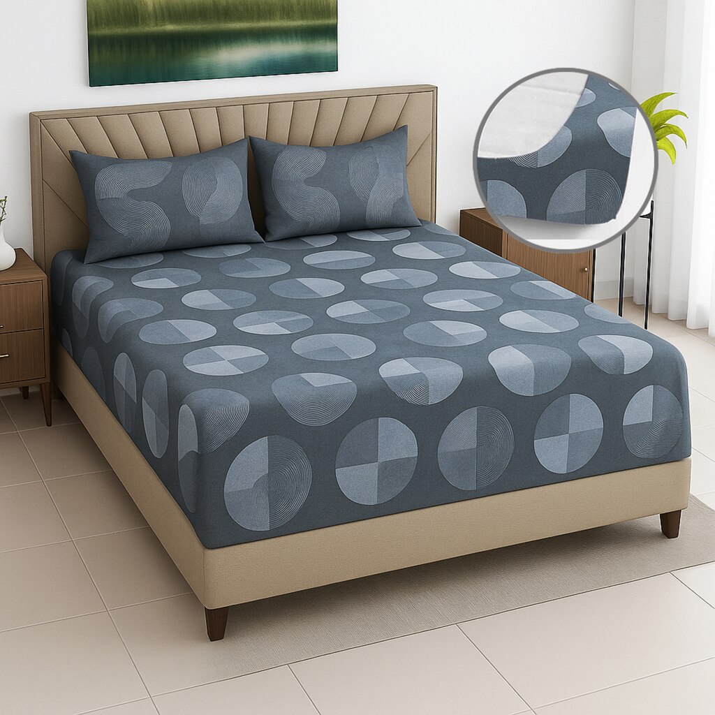 Grey Floral 400 TC Cotton Fitted Queen Bed Size Bedsheet With 2 Pilllow Covers  Threads