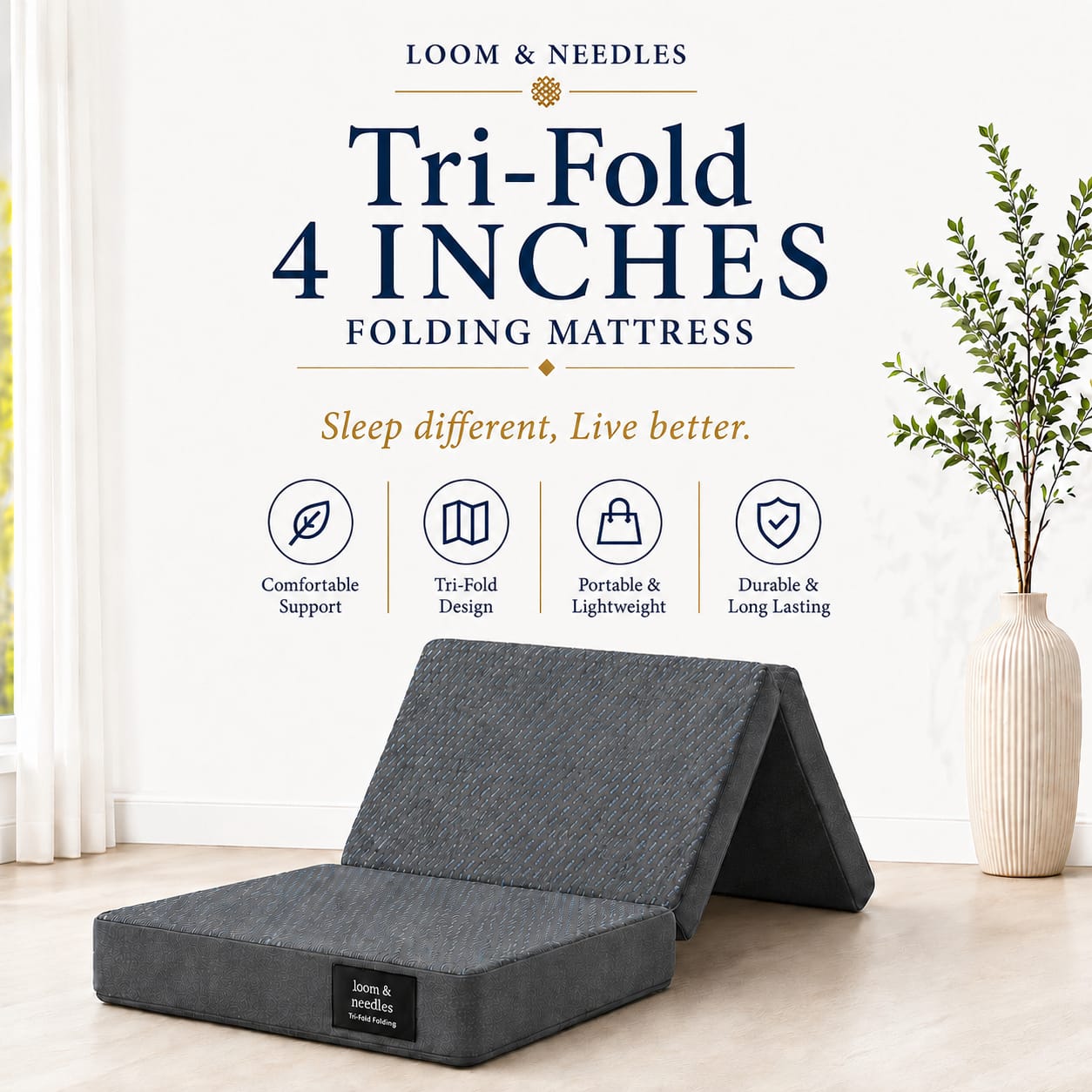 Loom and Needles 3-Layer Tri-Fold Premium HR Support Portable Double Size Mattress 72x48x4 in