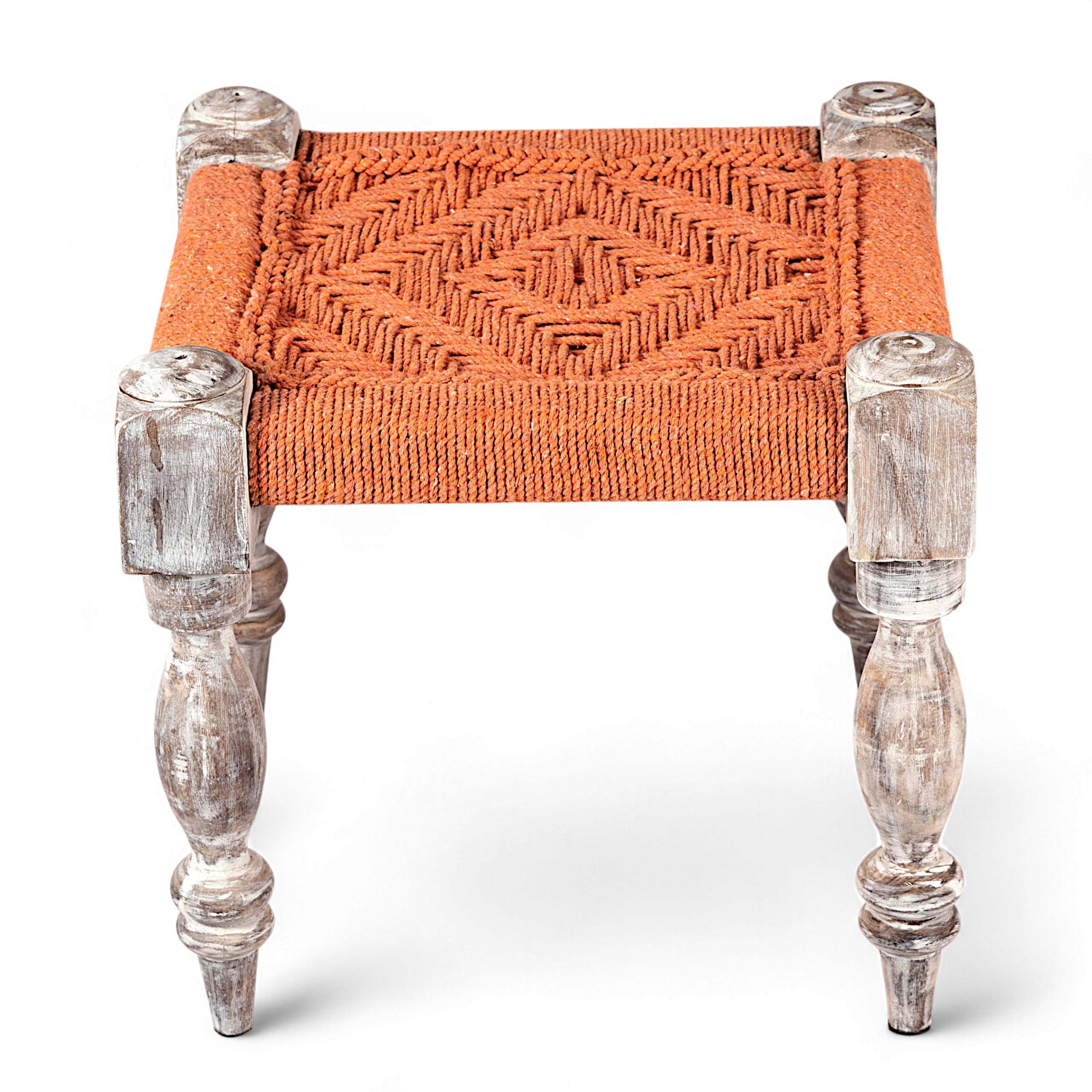 Hamilton Sheesham Wood Vintage 3+1+1 Seater Maachi Bench Set With 2 Stools In Orange Rope Canning