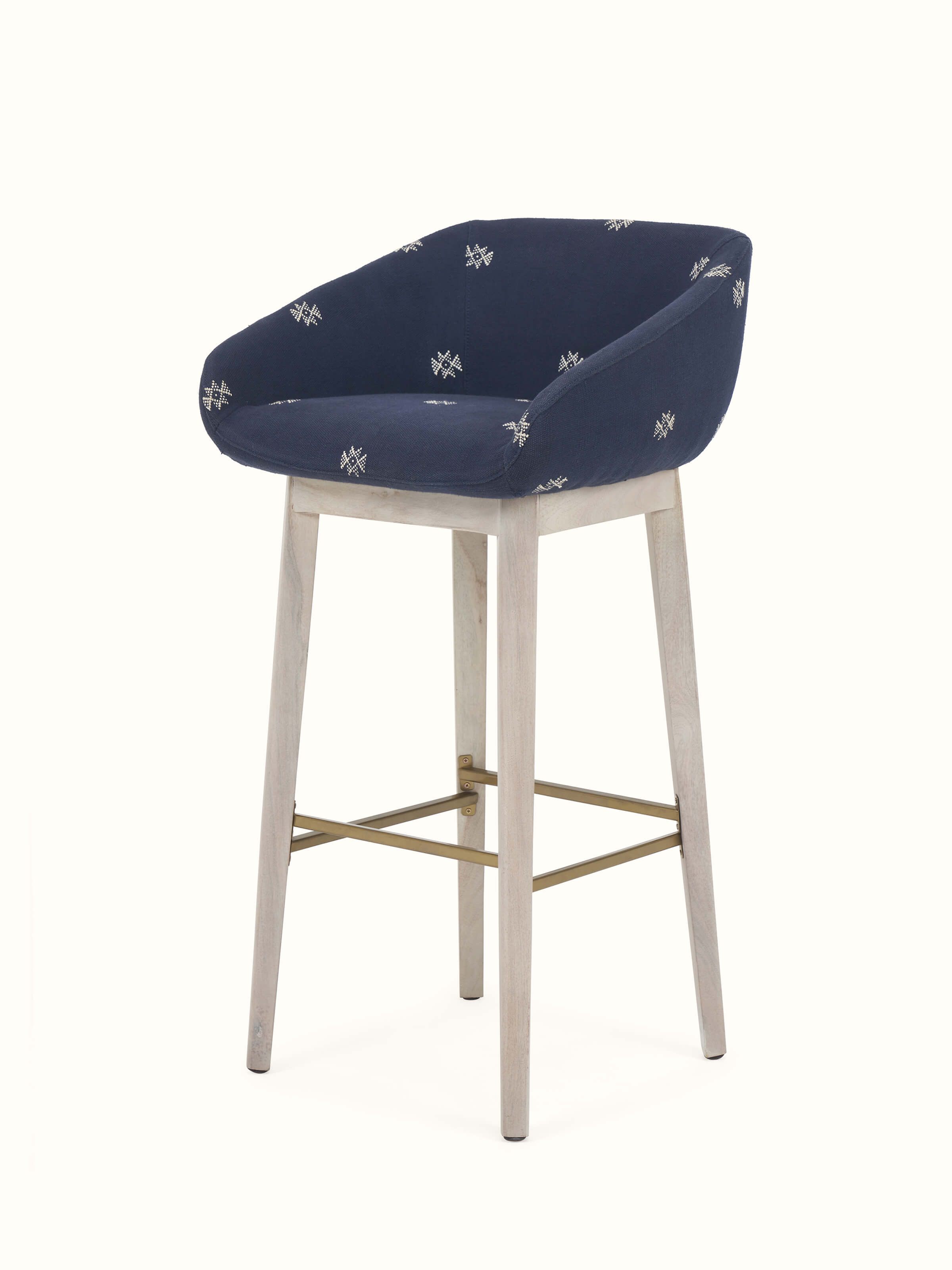 Angled view highlighting the upholstered acacia wood bar chair.