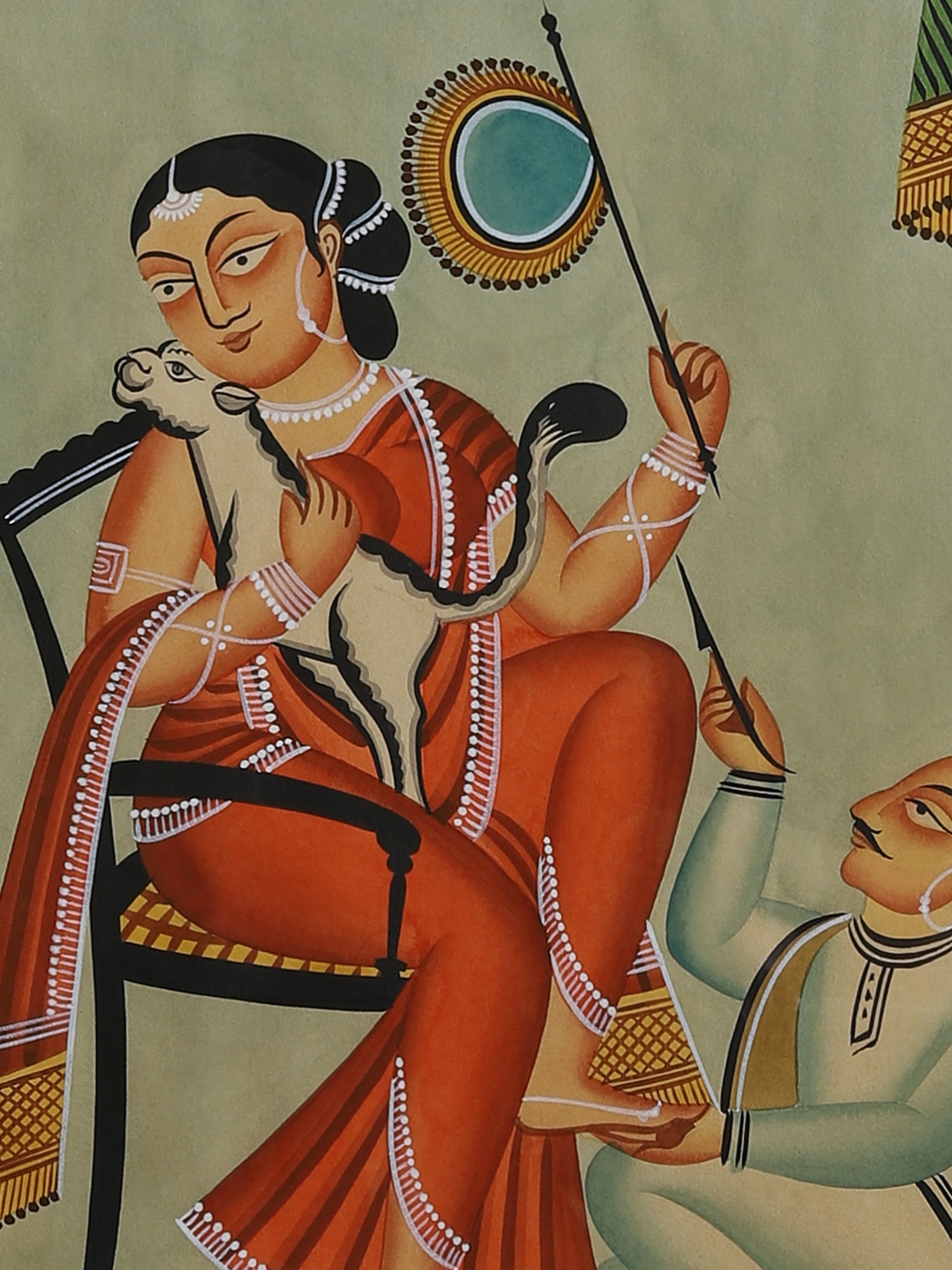 Detail shot of Man Woman Fan Kalighat Painting