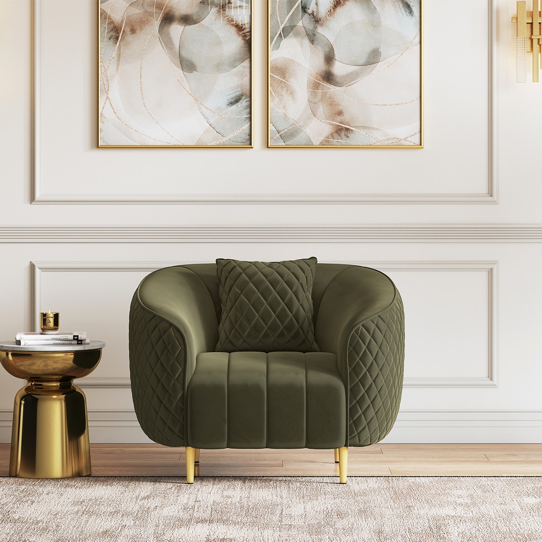 Amora 1 Seater Fabric Sofa In Deep Olive Velvet