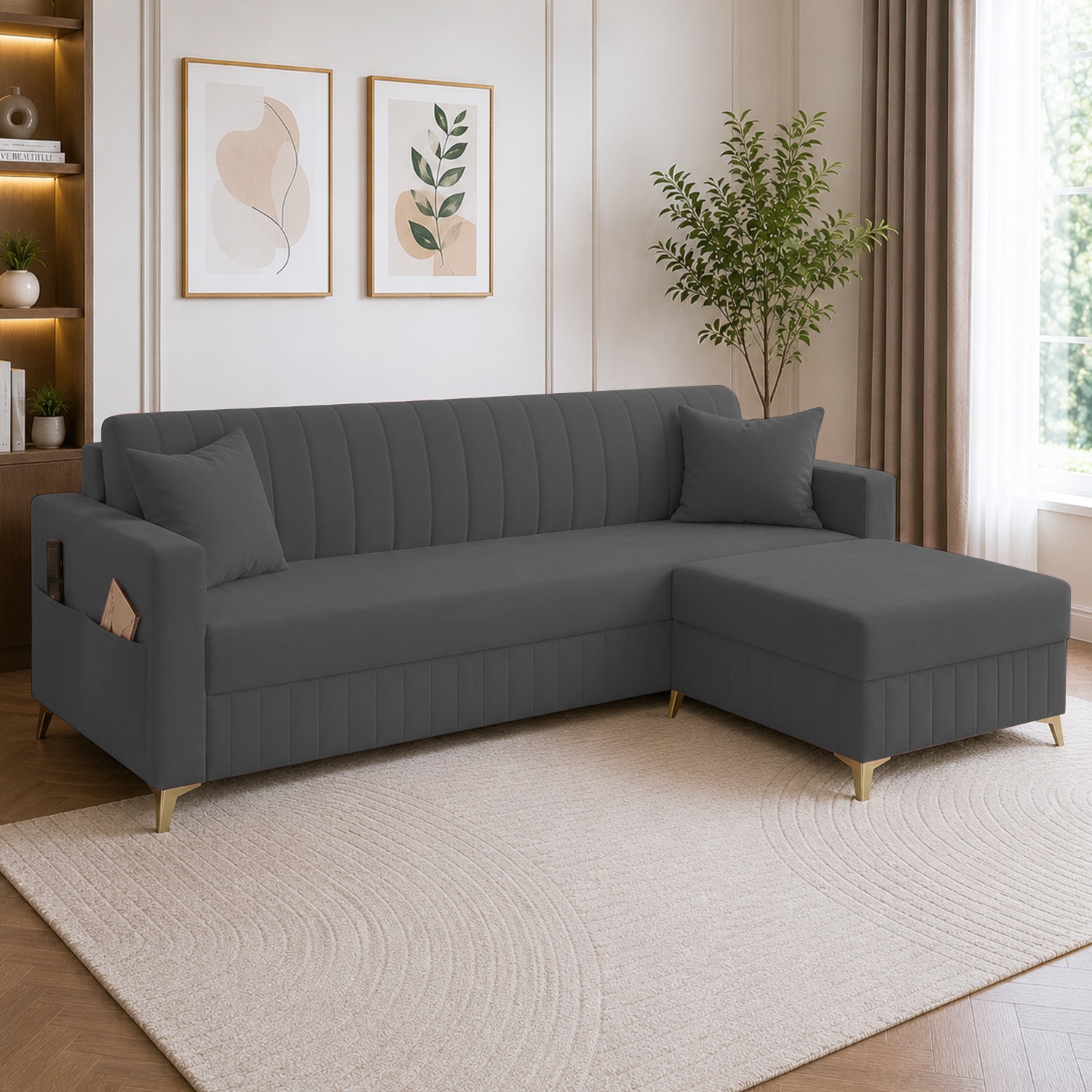 Convil Velvet L Shape 4 Seater Sofa in Dark Grey Color - Home Lifestylez