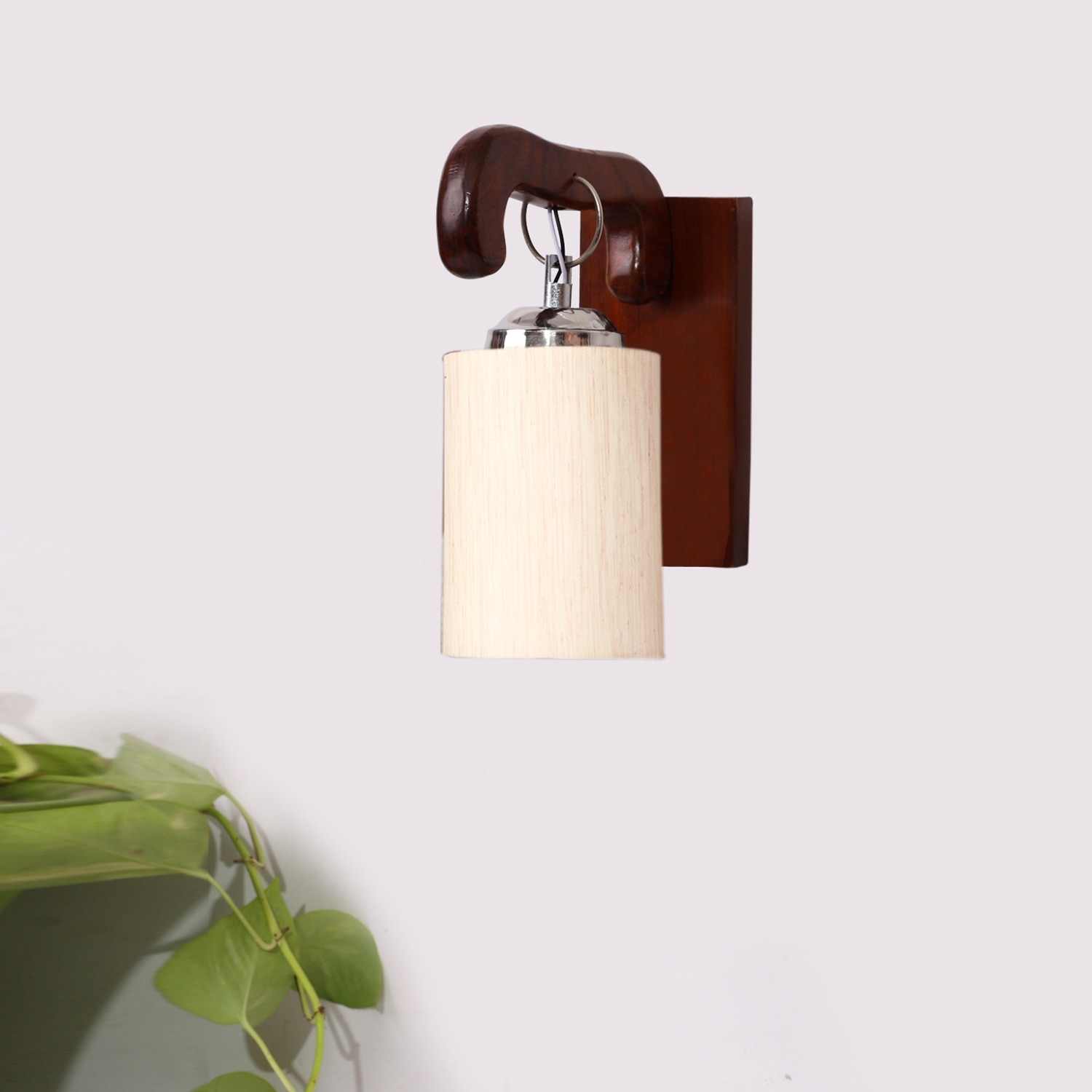 Devansh Solid Wood Electric Wall Light in Brown Colour with off-white Shade Count of 1 Light - Devansh
