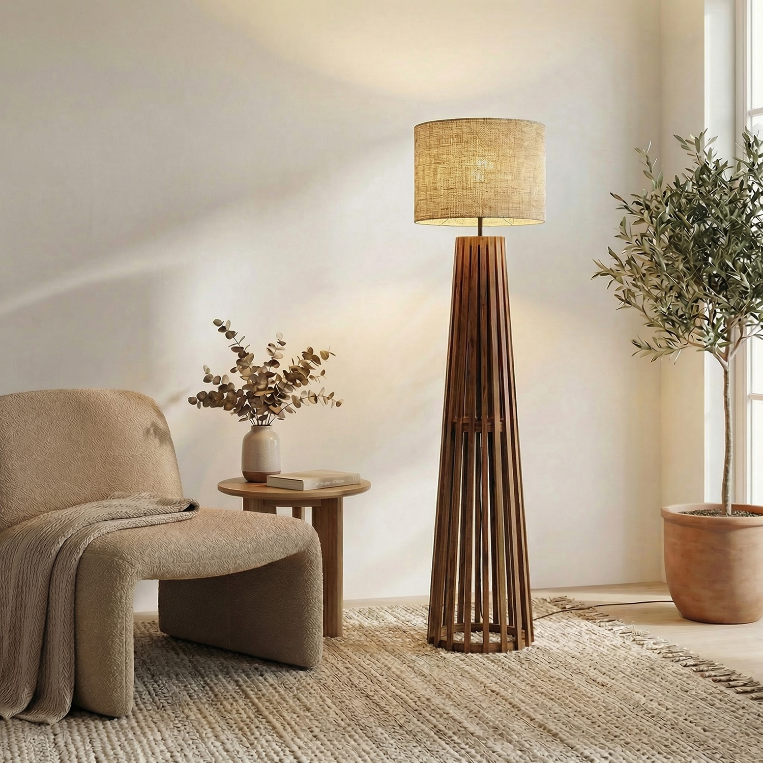 Boho Beige Jute Floor Lamp with Beige Jute Base - Symplify