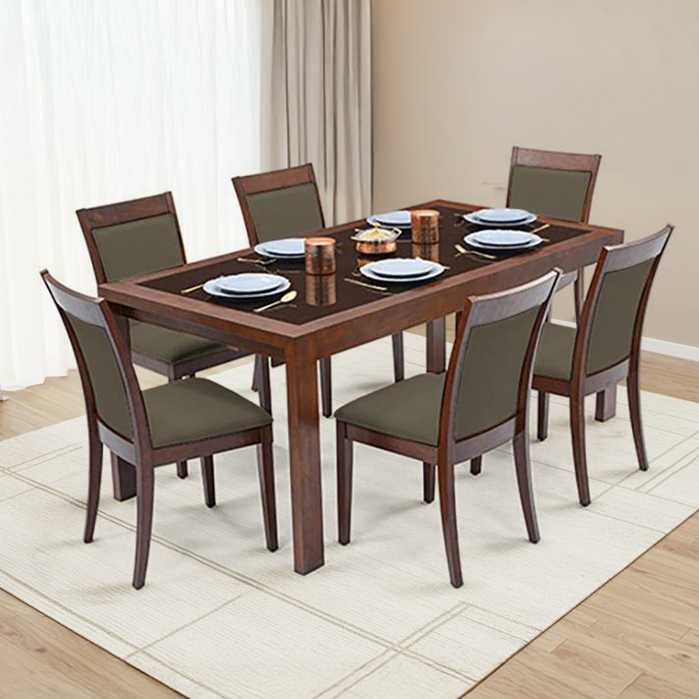 Vanalen 6-To-8 Extendable - Dalla 6 Seater Glass Top Dining Table Set (Colour- Grey , Finish- Dark Walnut)