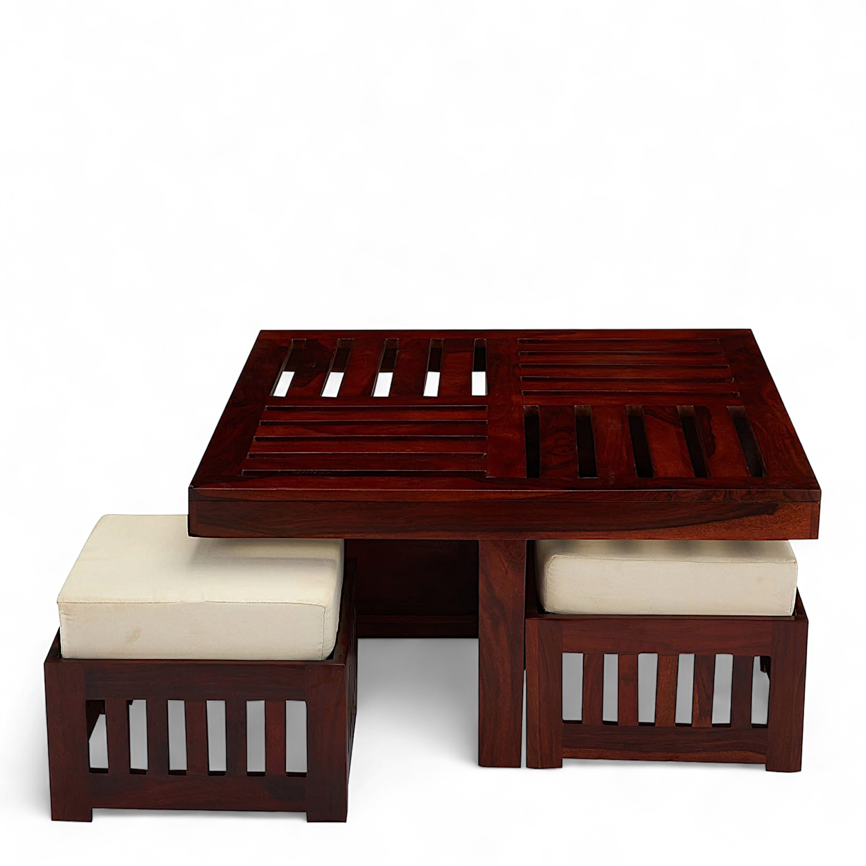 Palladio Sheesham Wood Accent Coffee Table Set With 4 Stools In Honey Finish
