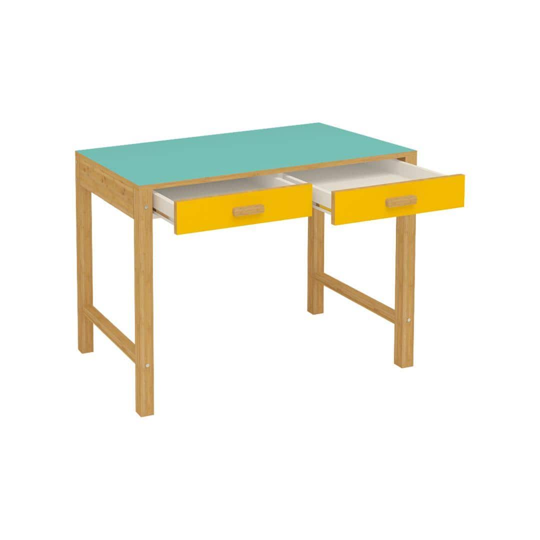 Exotica Kids Solid Wood Study Desk with Drawers and Wooden Handles in Misty Turquoise Mango Yellow Colour