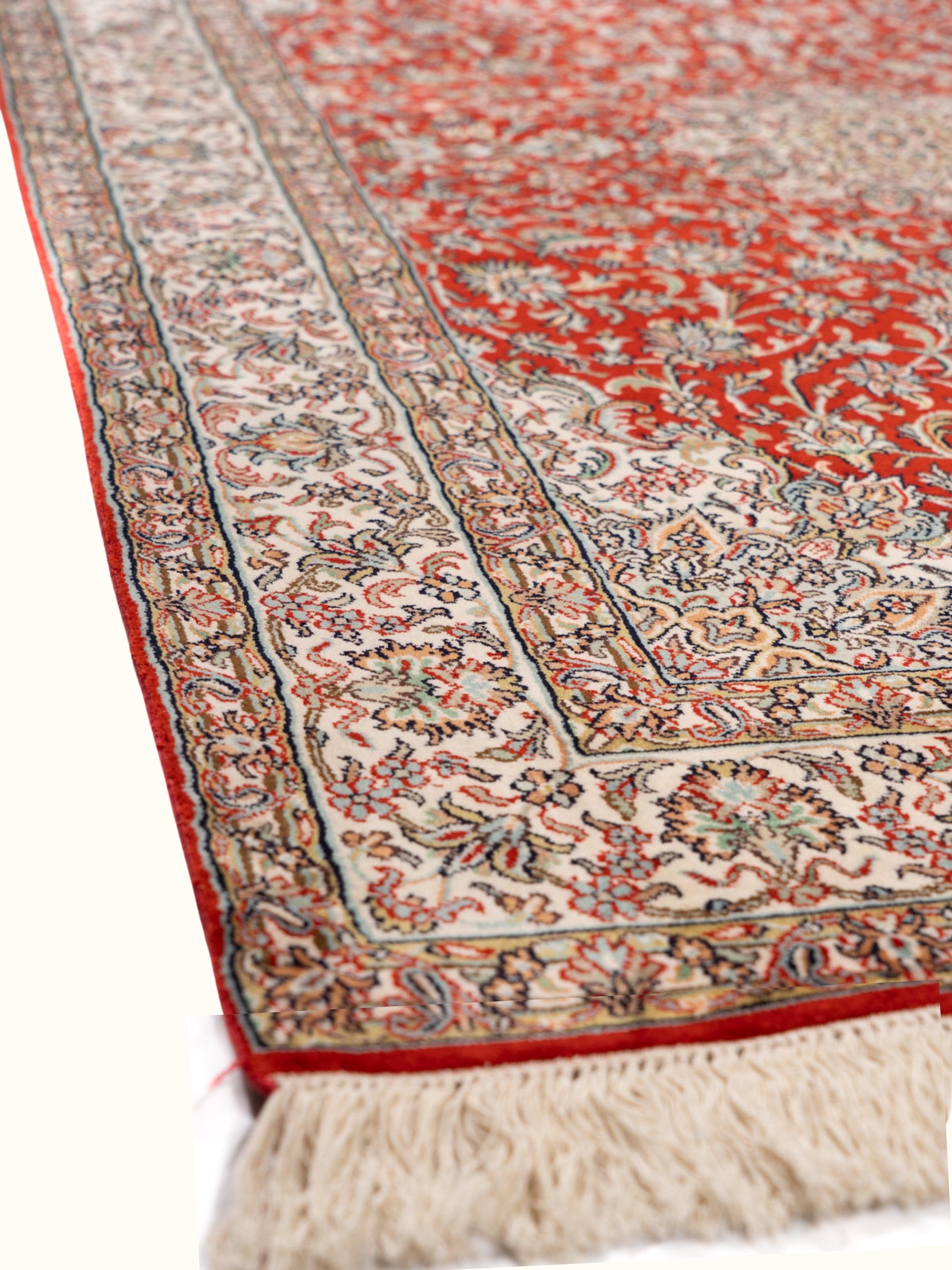 Traditional Persian Red Kashan Kashmir Silk Hand-Knotted Carpet