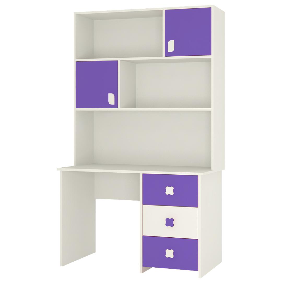 Flora Kids Study Desk cum Bookshelf with Shuttered Cabinets Open Shelves and Drawers in Ivory Lavender Purple Colour