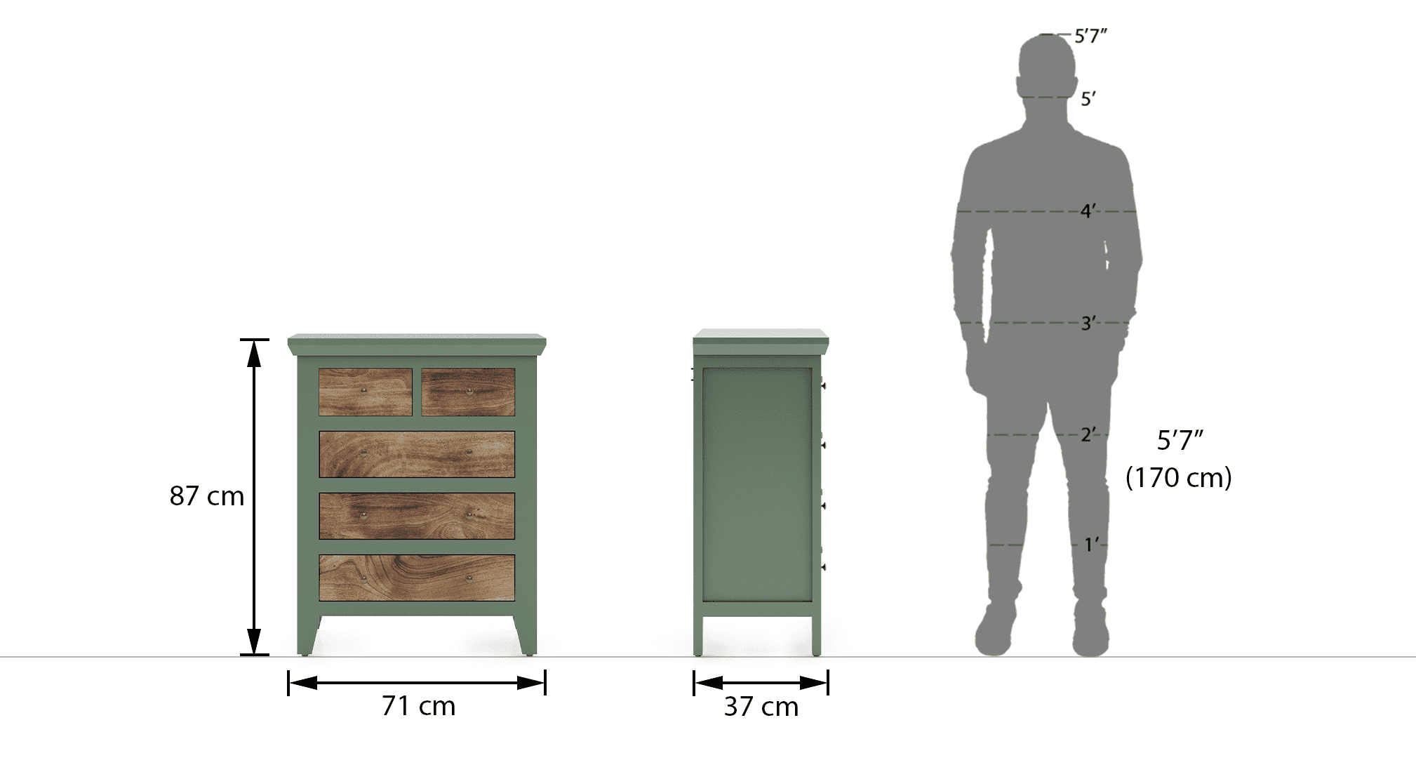 Avelin Solid Wood Chest of 5 Drawers in Sage Green Finish