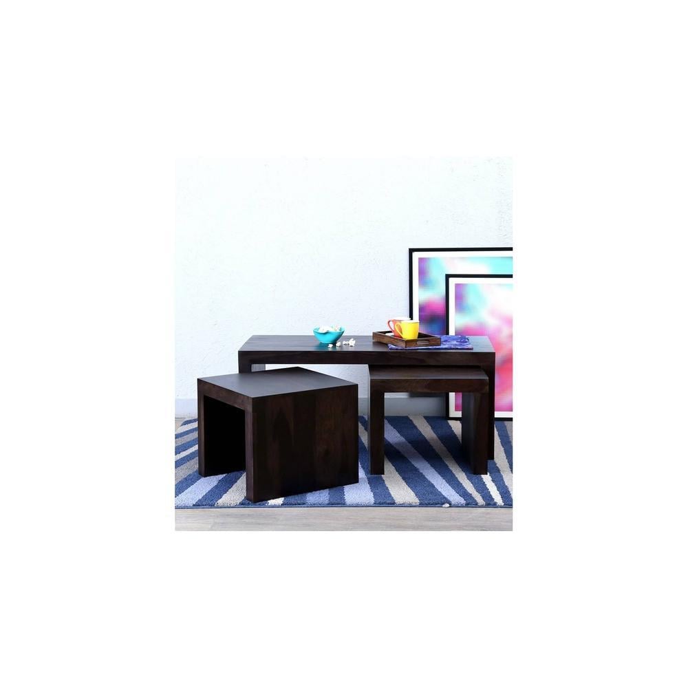 Kassel Sheesham Wood Coffee Table With 2 Stools Set In Mahogany Finish