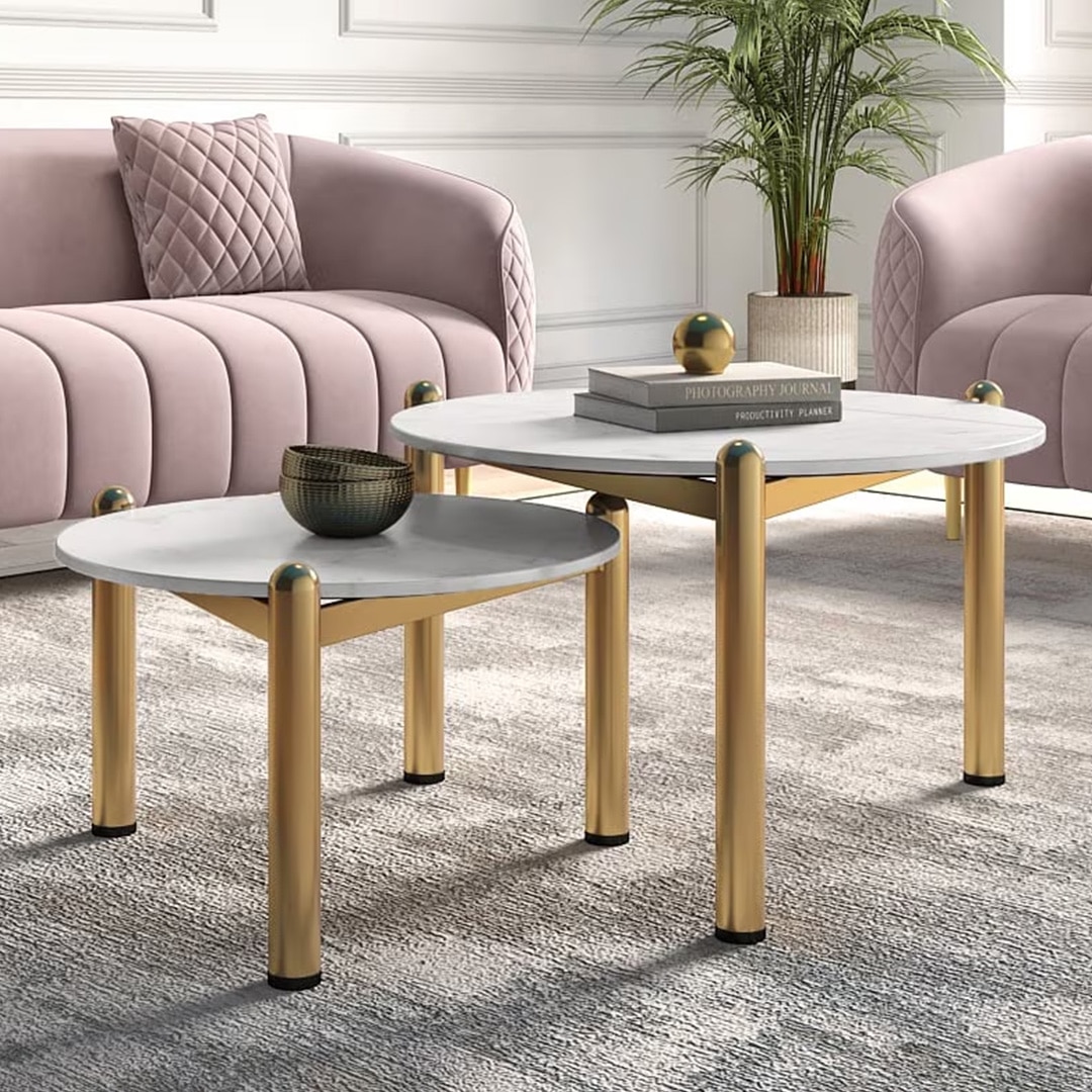 Luma Banswara Marble And Metal Nesting Coffee Table In Glossy Gold Finish