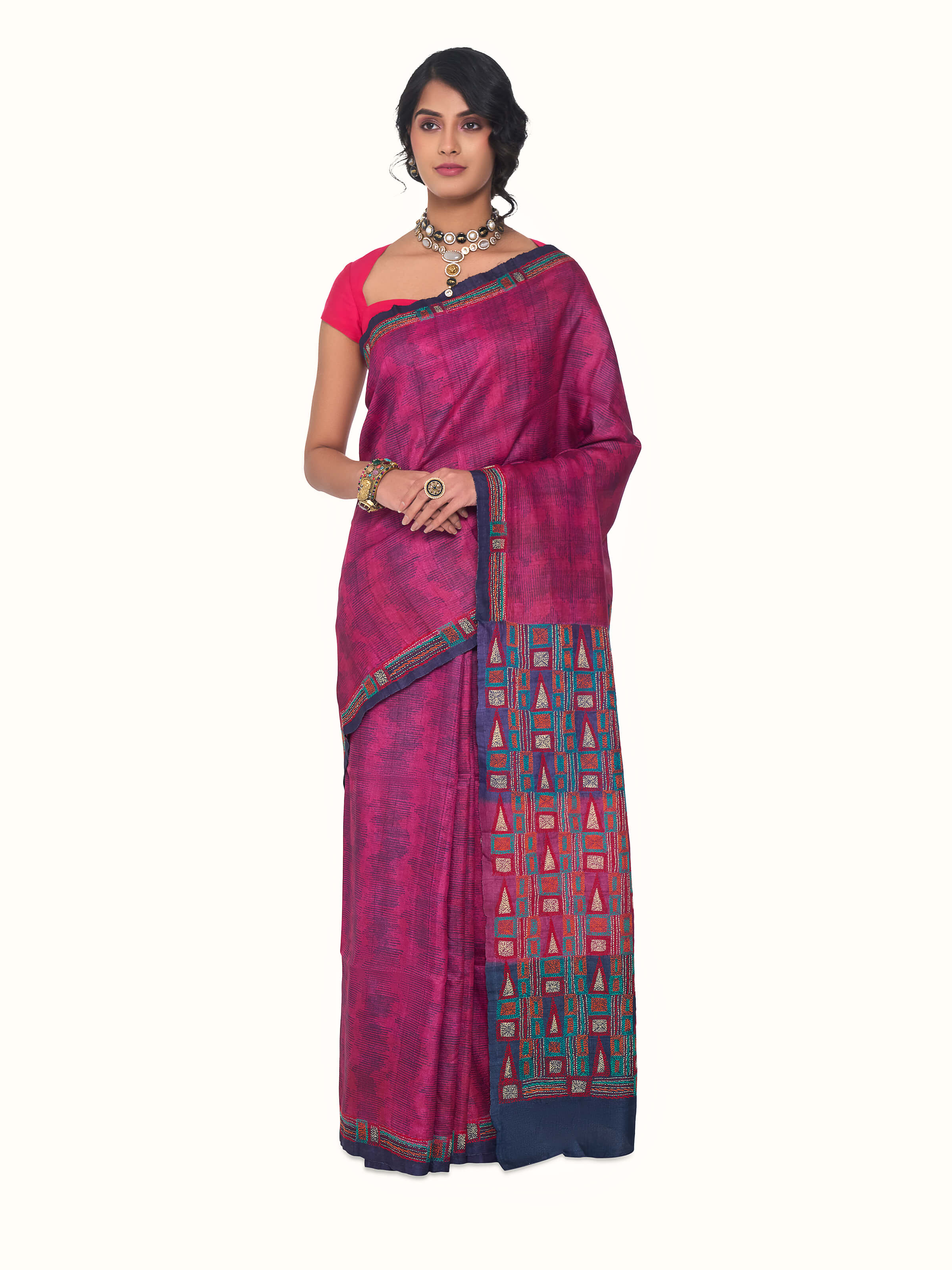 Magenta Tussar Silk Discharge Block Printed Kantha Embroidered Saree