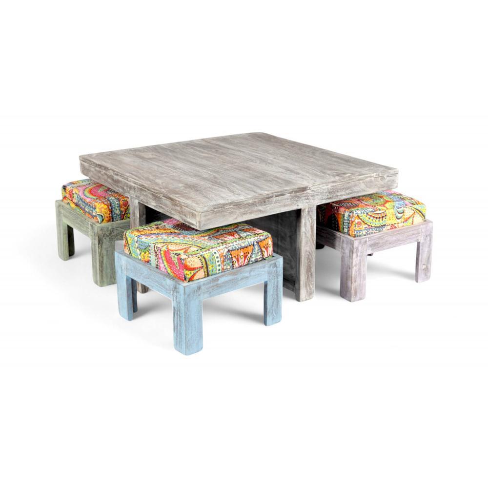 Blane Sheesham Wood Country Side Coffee Table Set With 4 Stools In Antique Multi-Colour Finish