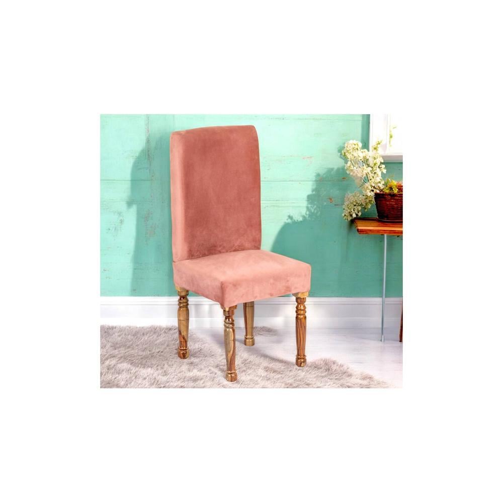 Rosslyn wood Dining Chair in Coral Pink Velvet Upholstery with TEAK FINISH