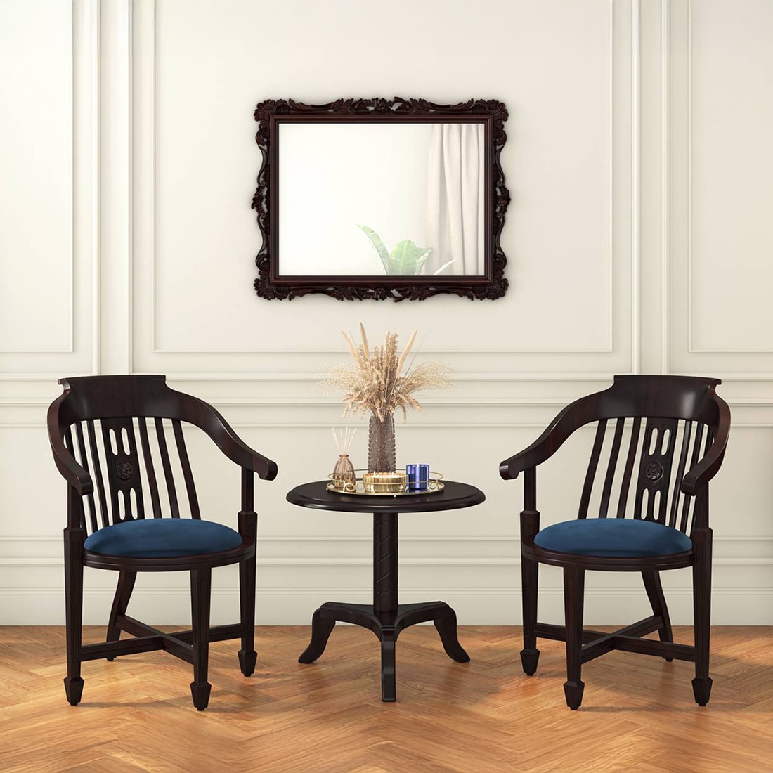 Tahira Arm Chair -Finish - Mahogany Fabric- Blue Velvet - Urban Ladder