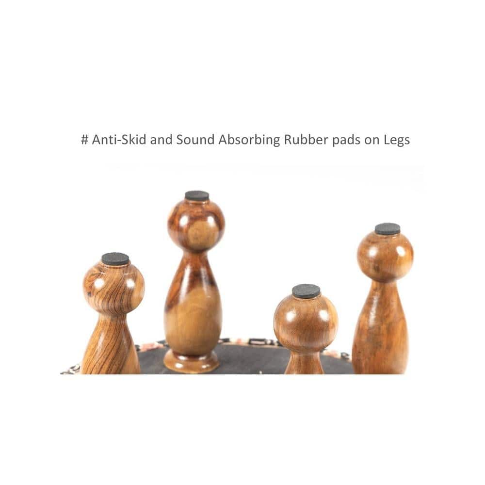 Louisville Acacia Wood Mid Century Round Pouf Stool in Beige Fabric