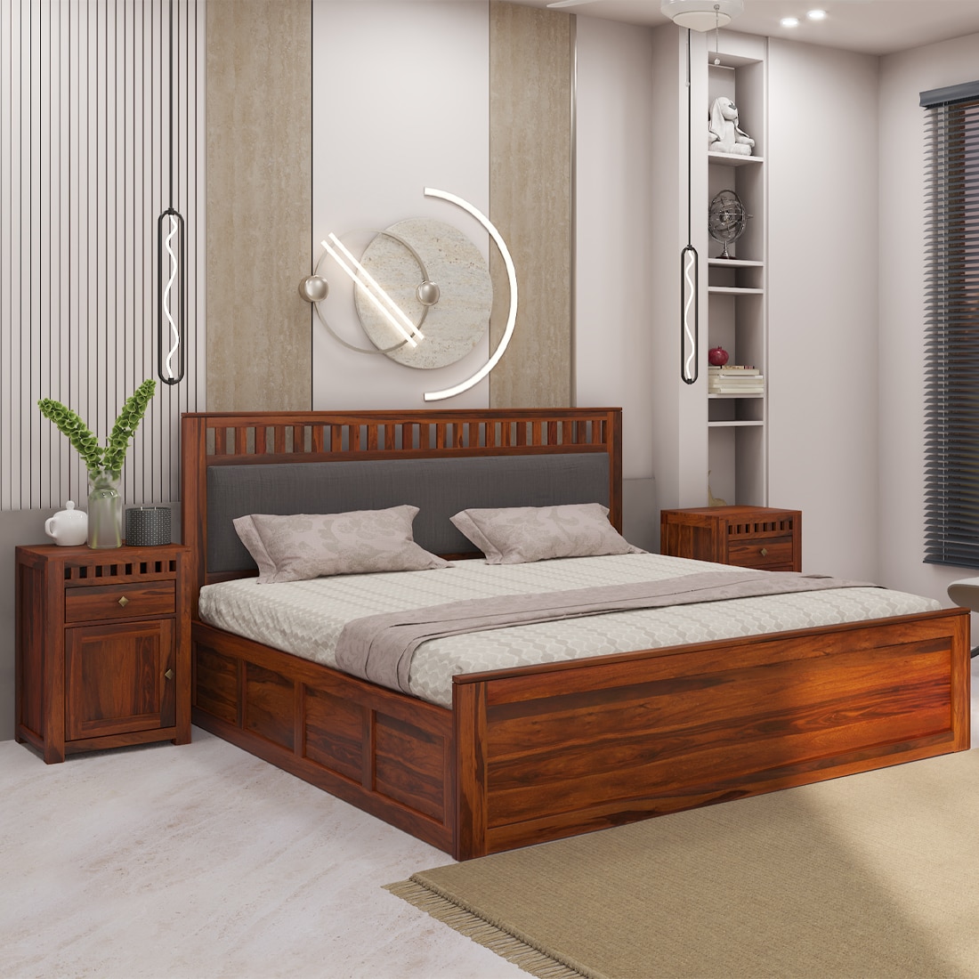 Vrinda Solid Wood Queen  Size Bed With Hydraulic Storage (Honey Oak Finish) - Woodenmood