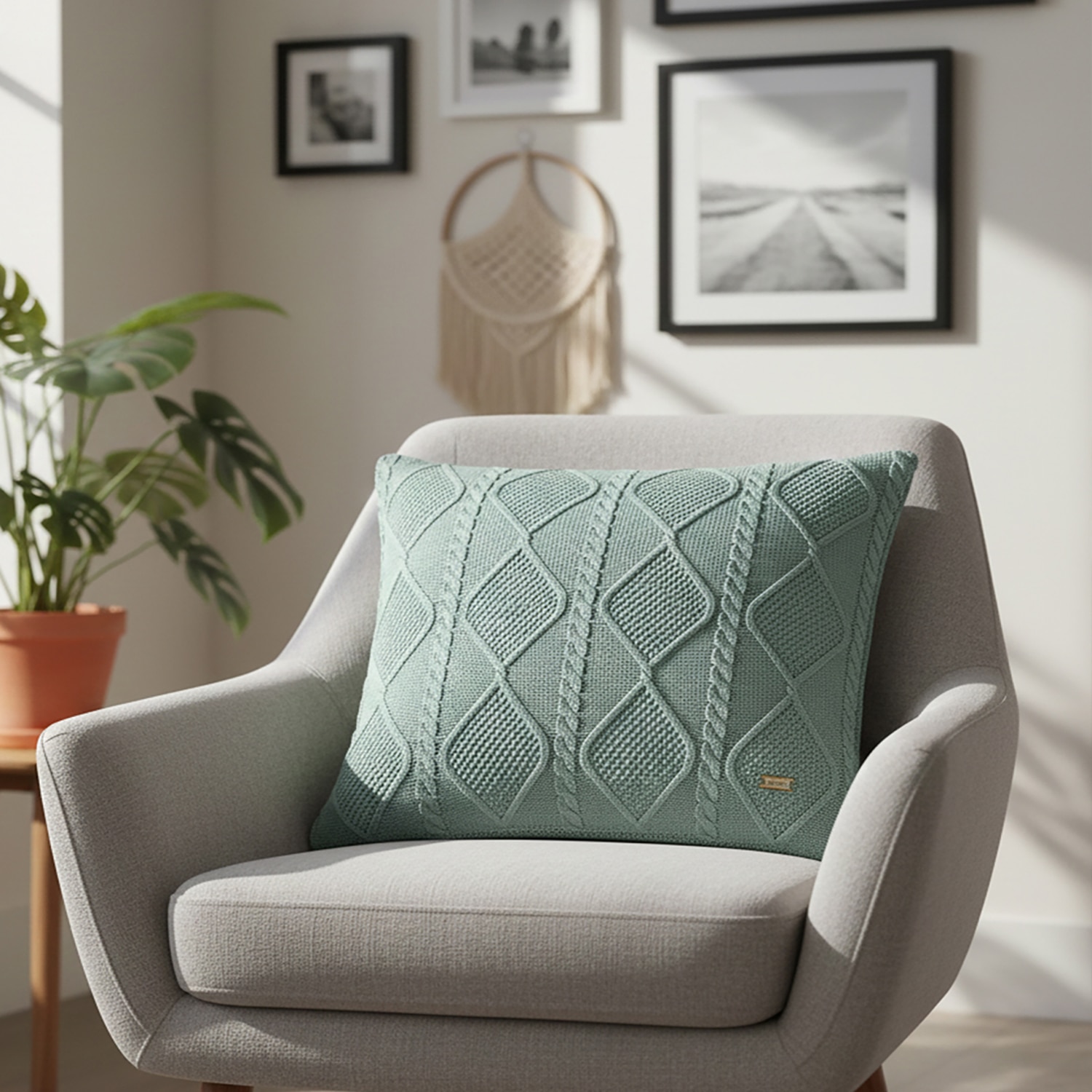 Cable Moss Dull Blue Cotton Cushion Cover 16X16  Inches - Pluchi