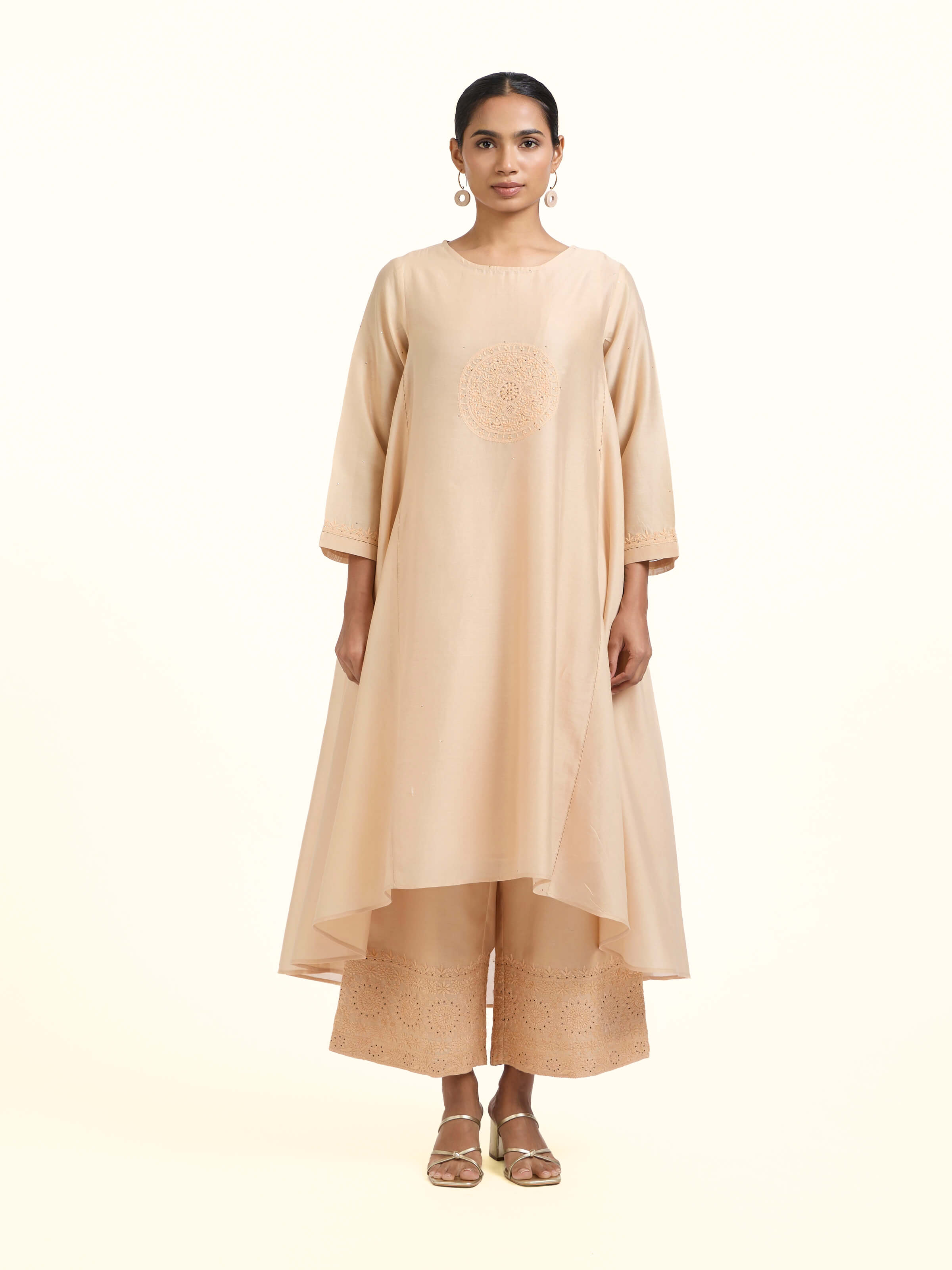 Beige Cotton Silk Chikankari Straight-Cut Palazzos