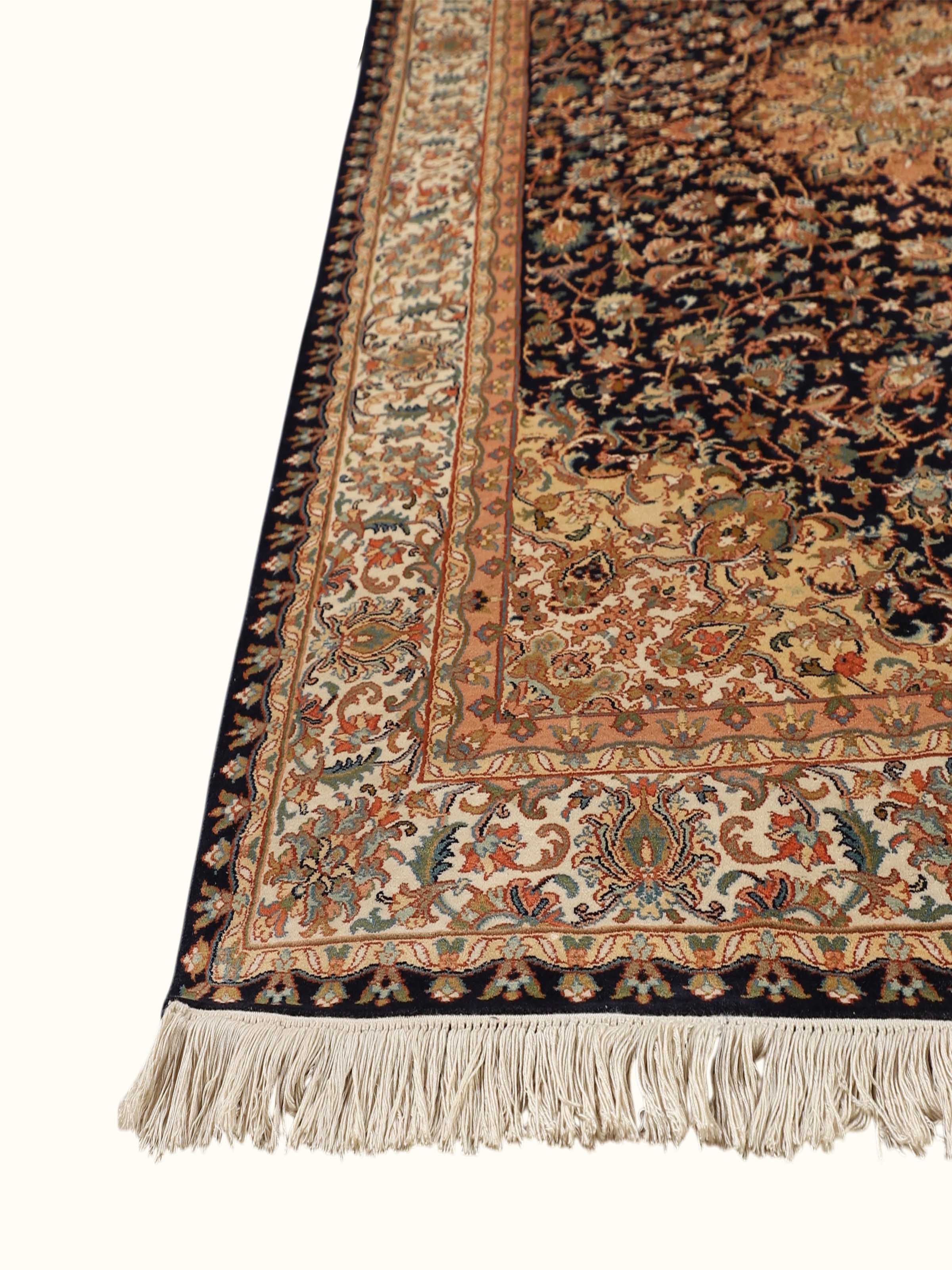 Traditional Persian Navy Ivory Kashan Kashmir Silk Hand-Knotted Carpet