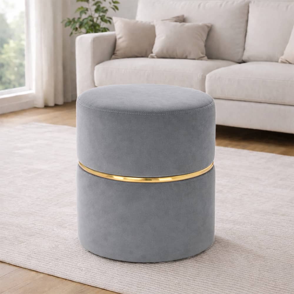 Doe Buck Gracy Velvet Round Ottoman in Grey Colour with Gold Band - Doe Buck